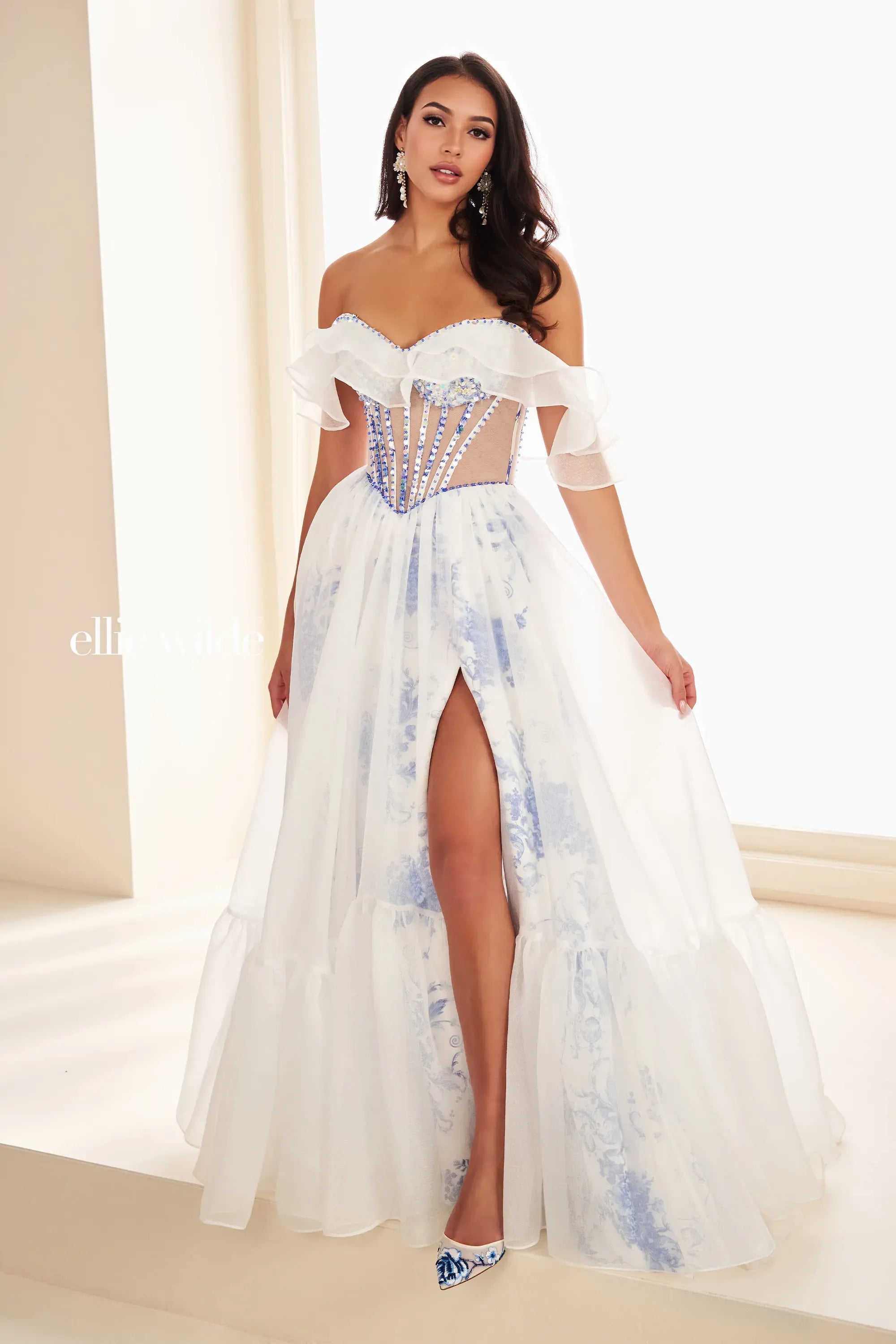 Ellie Wilde 37029 Ruffle Long Formal Corset Ball Gown Prom Dress