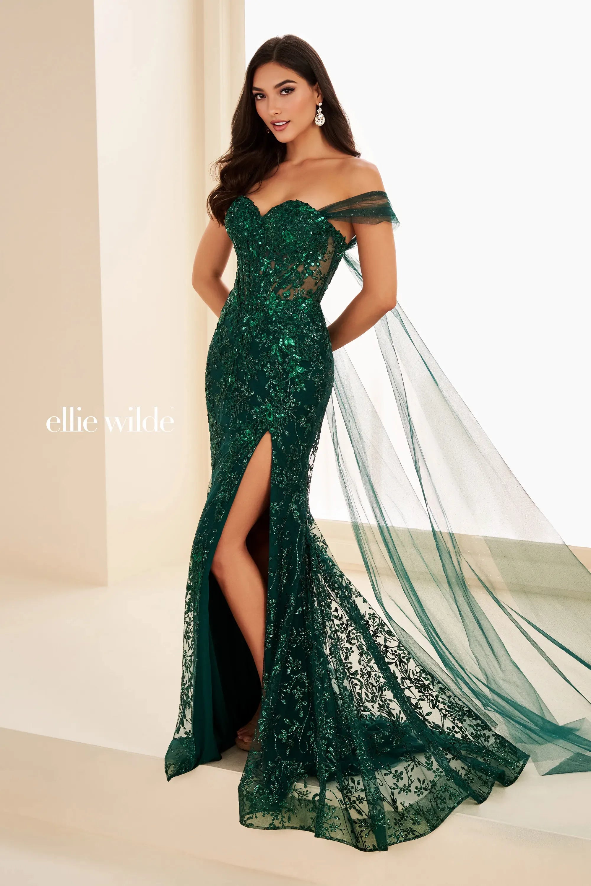 Ellie Wilde 37030 Glitter Long Formal Sequin Cape Prom Dress - Light Blue / 16 Ellie Wilde 37030 Glitter Long Formal Sequin Cape Prom Dress - Light Blue / 16