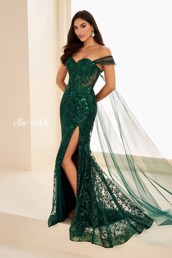 Ellie Wilde 37030 Glitter Long Formal Sequin Cape Prom Dress