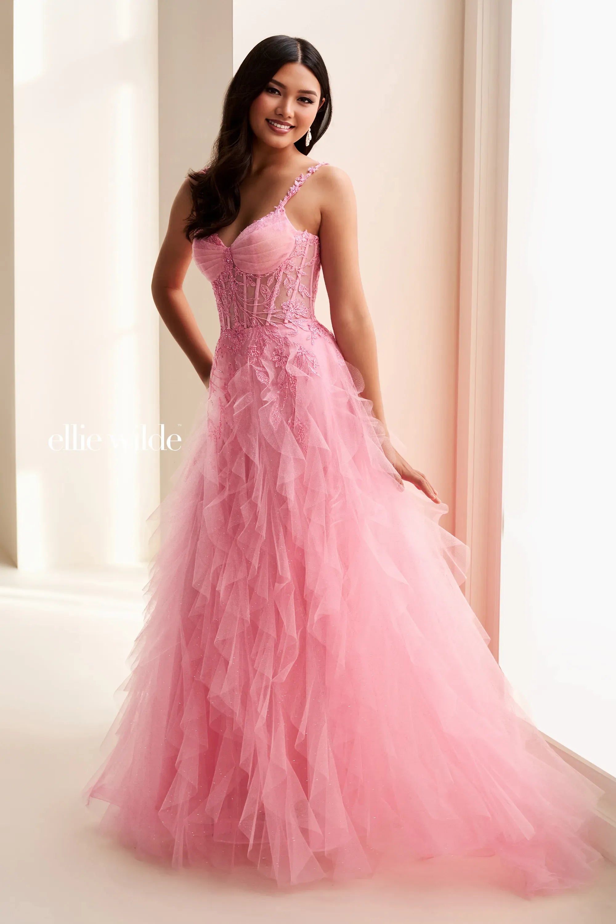 Prom Dresses Ball Gown Corset Ruffle Long Formal Prom Dress Candy Pink