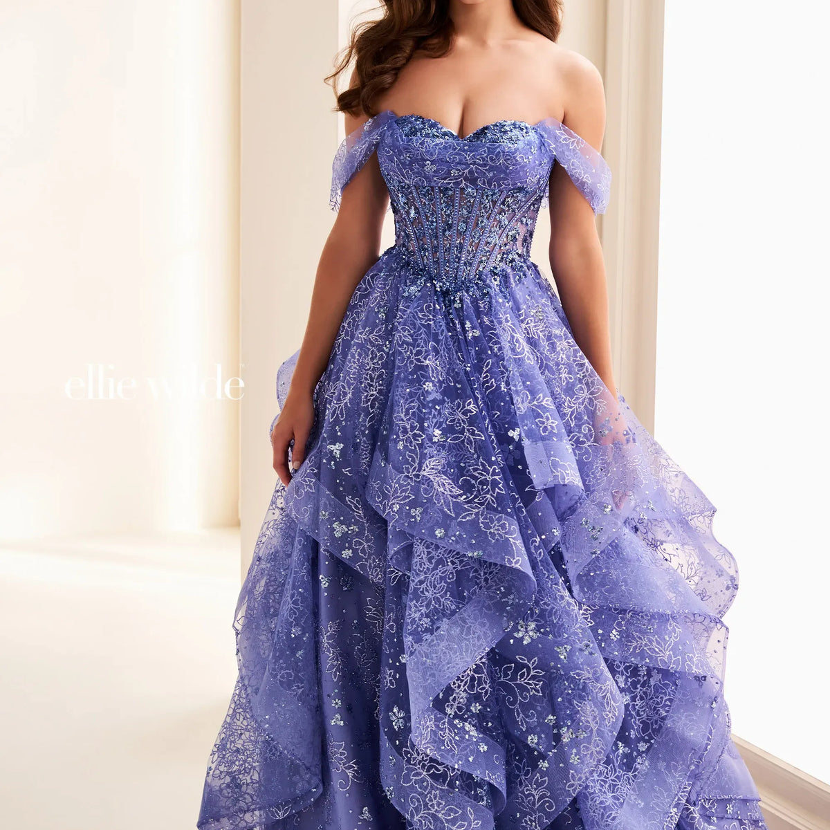 Ellie Wilde 37043 Ruffle Long Formal Floral Sequin Prom Dress