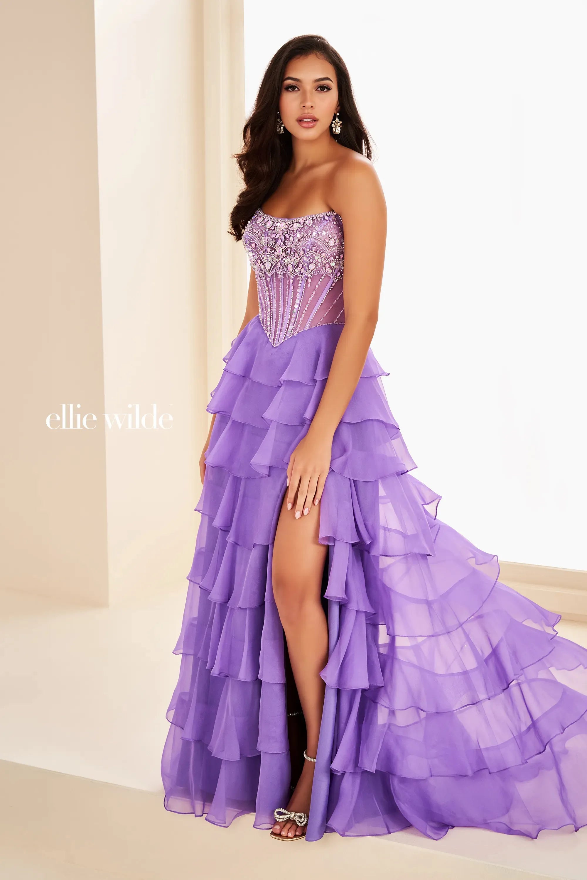 Ellie Wilde 37057 Beaded Long Formal Ruffle Prom Dress