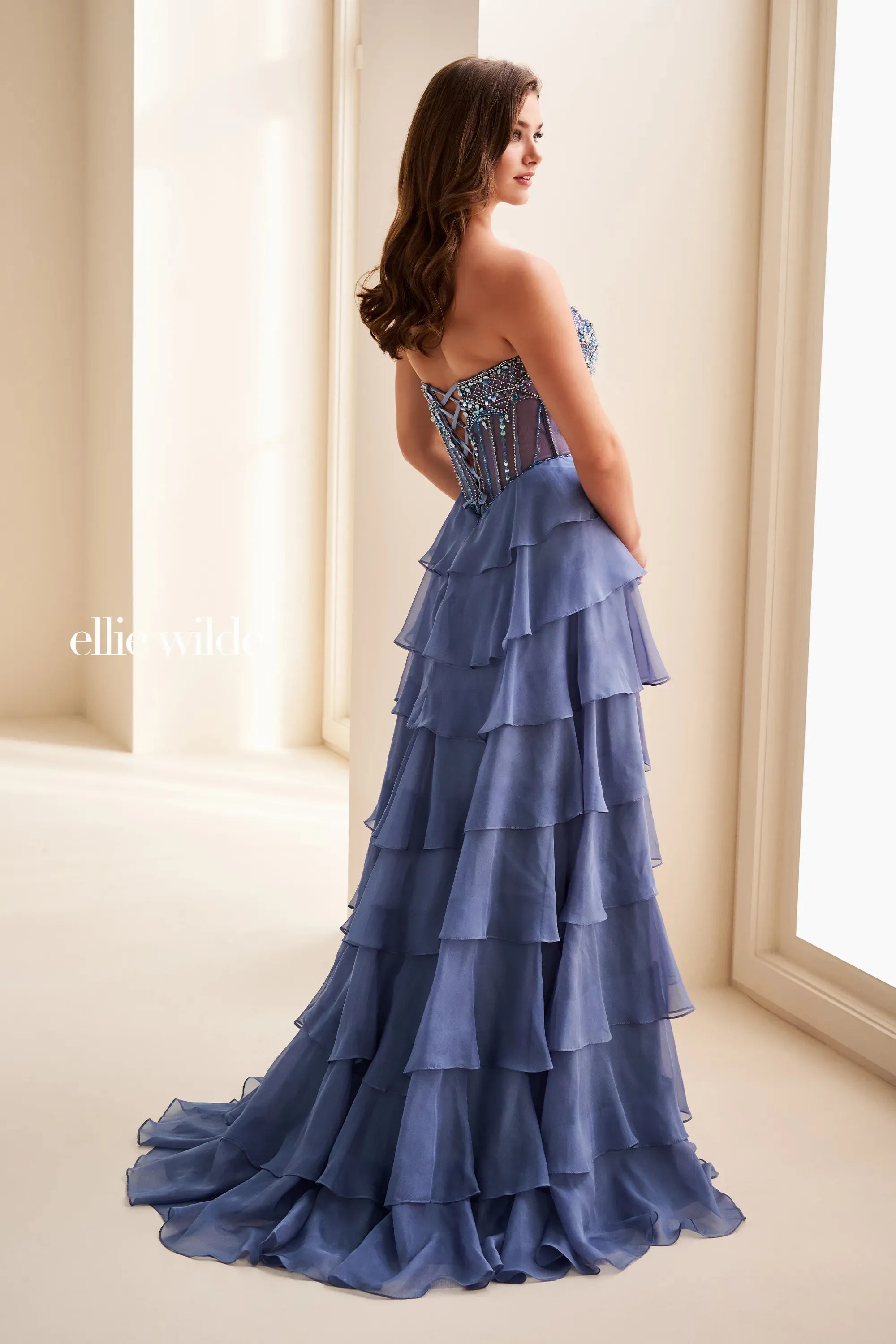 Ellie Wilde 37057 Beaded Long Formal Ruffle Prom Dress – The Dress