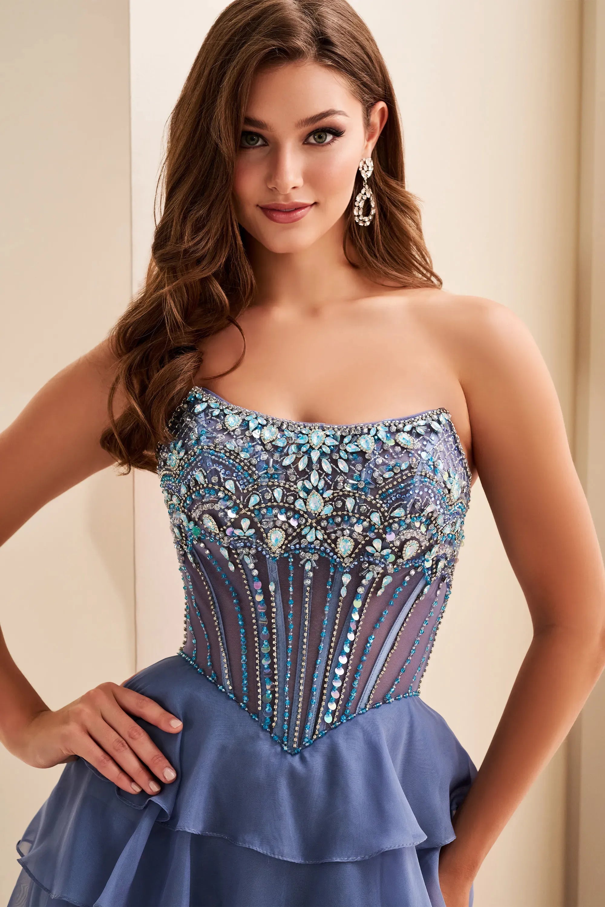 Ellie Wilde 37057 Beaded Long Formal Ruffle Prom Dress