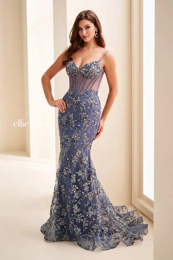 Ellie Wilde 37058 Beaded Long Formal Sequin Corset Fitted Prom Dress