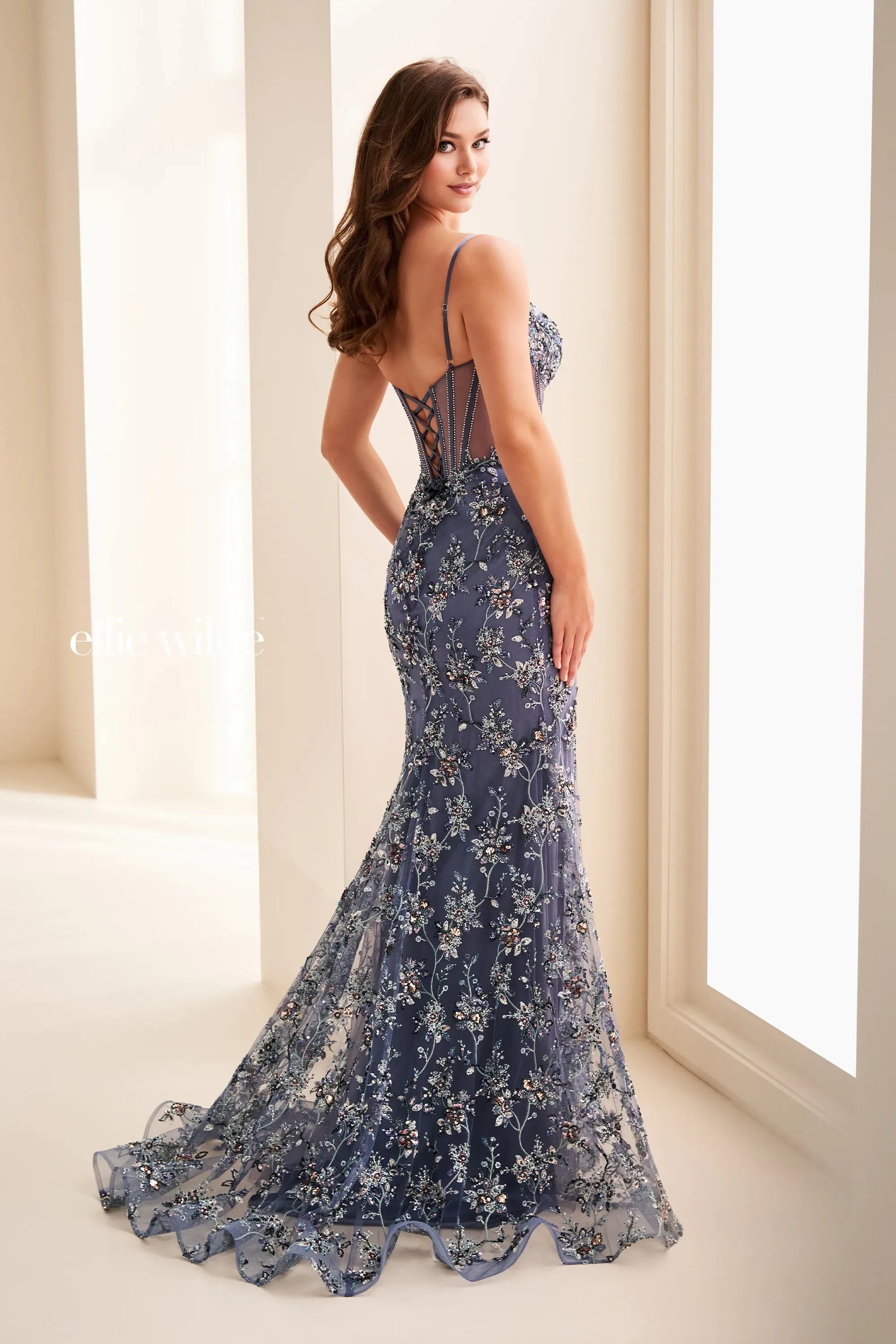 Prom Dresses Beaded Long Formal Sequin Corset Fitted Prom Dress Slate/Multi