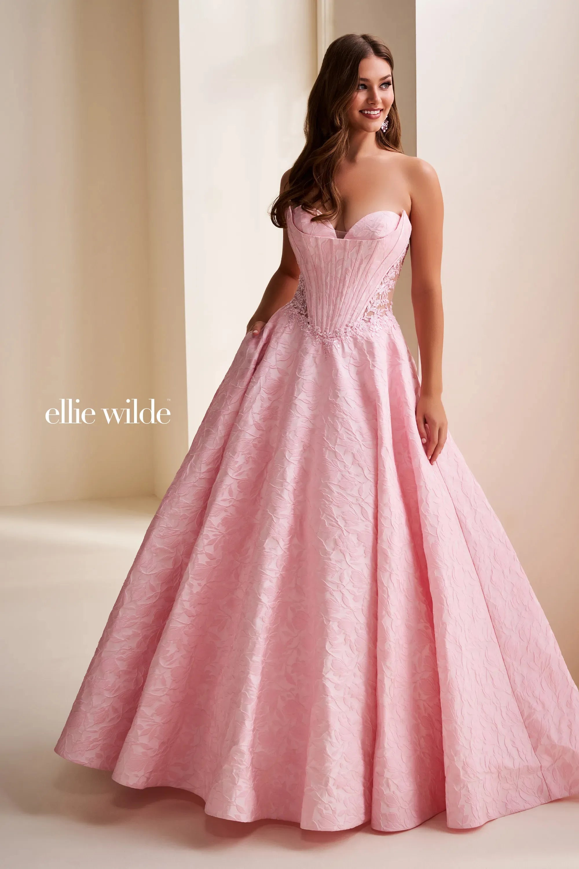 Ellie Wilde 37080 Corset Lace Long Formal Ball Gown Prom Dress - Light Pink / 2 Ellie Wilde 37080 Corset Lace Long Formal Ball Gown Prom Dress - Light Pink / 2