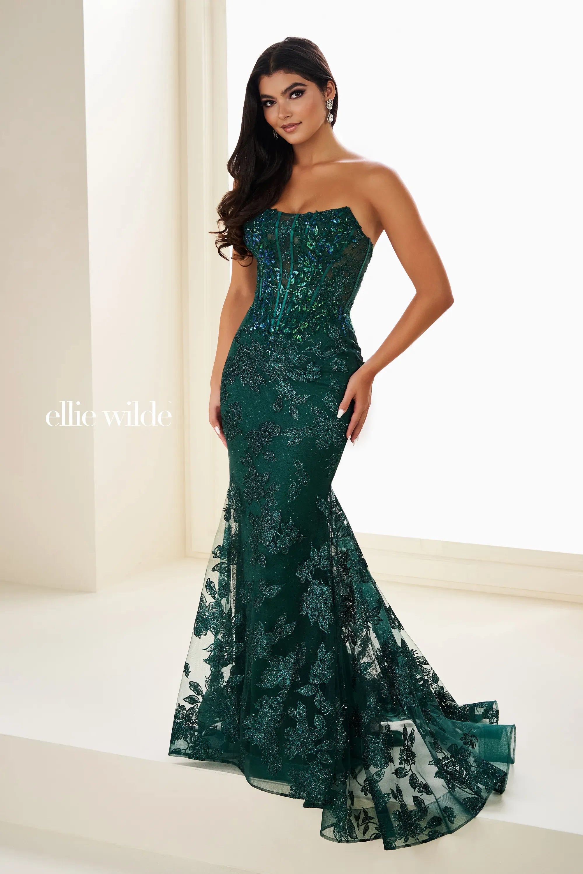 Ellie Wilde 37083 Floral Lace Long Formal Fitted Glitter Prom Dress