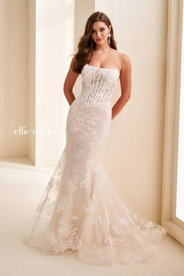 Ellie Wilde 37083 Floral Lace Bridal Fitted Glitter Wedding Dress