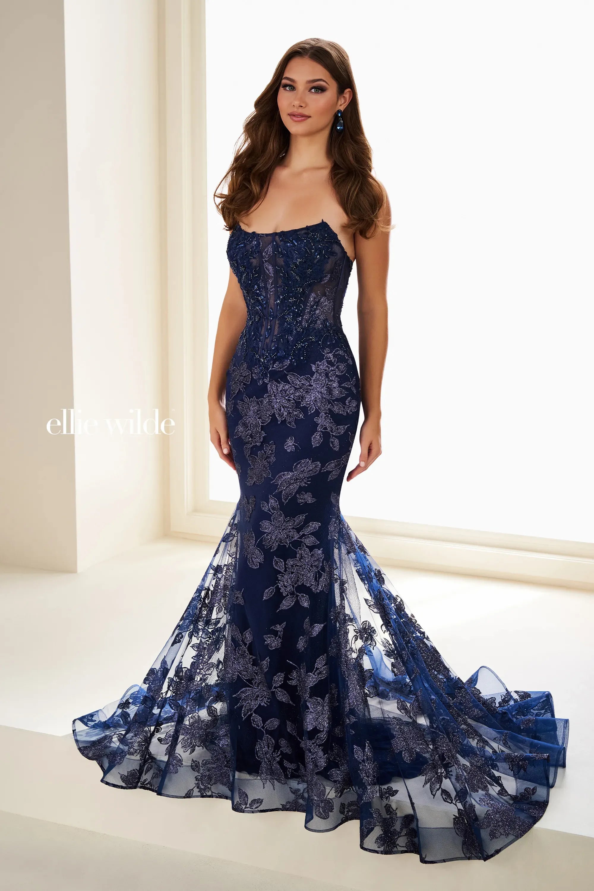 Ellie Wilde 37083 Floral Lace Long Formal Fitted Glitter Prom Dress – The  Dress Outlet
