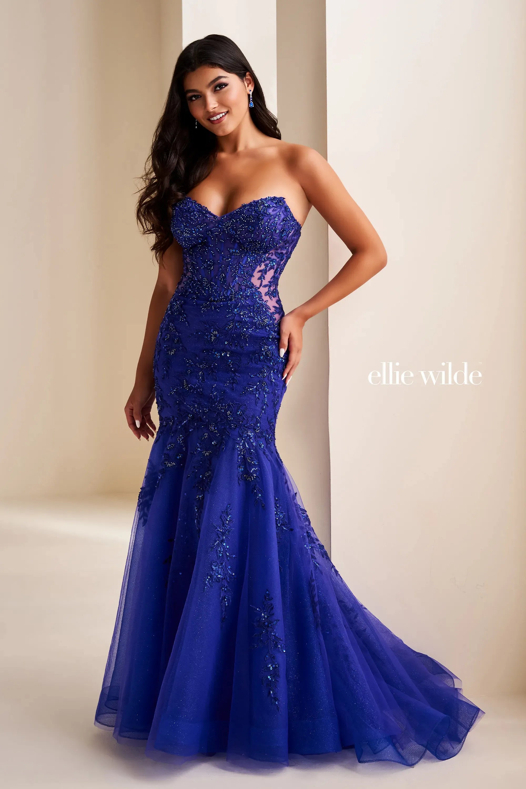 strapless open back dress Ellie Wilde 37085 Beaded Long Formal Lace Corset Mermaid Prom Dress