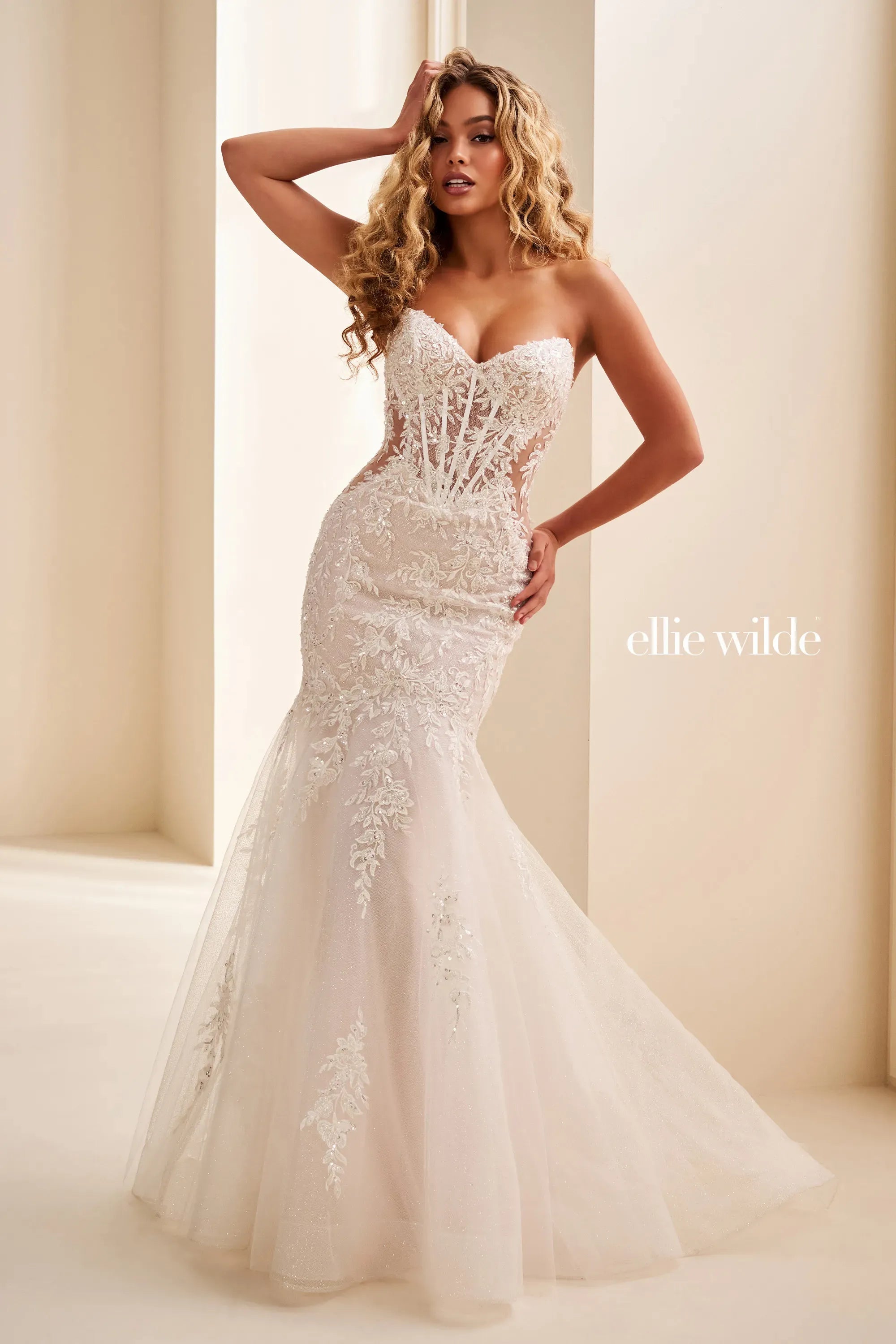 Ellie Wilde 37085 Beaded Bridal Lace Corset Mermaid Wedding Dress The Dress Outlet Ellie Wilde 37085 Beaded Bridal Lace Corset Mermaid Wedding Dress The Dress Outlet