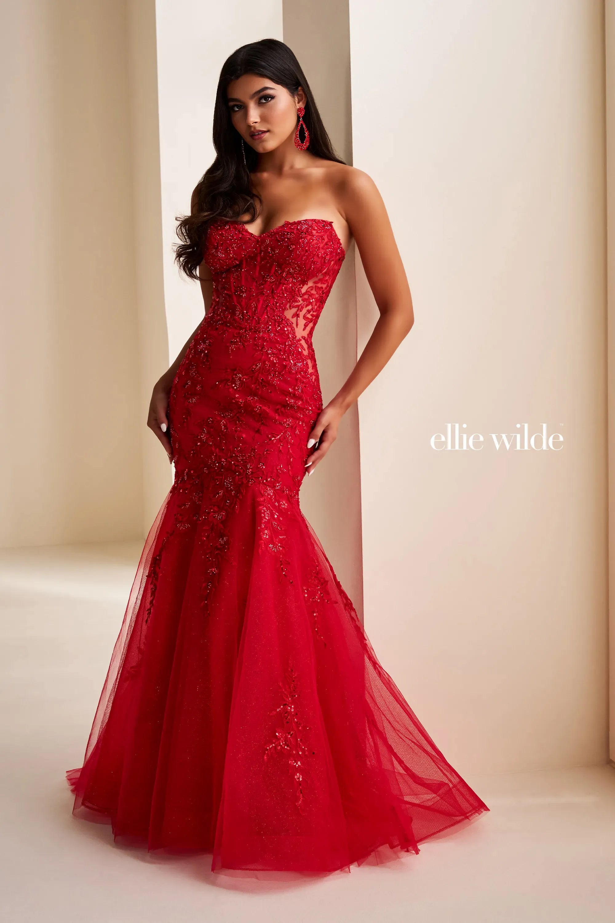 Prom Dresses Beaded Long Formal Lace Corset Mermaid Prom Dress Ruby