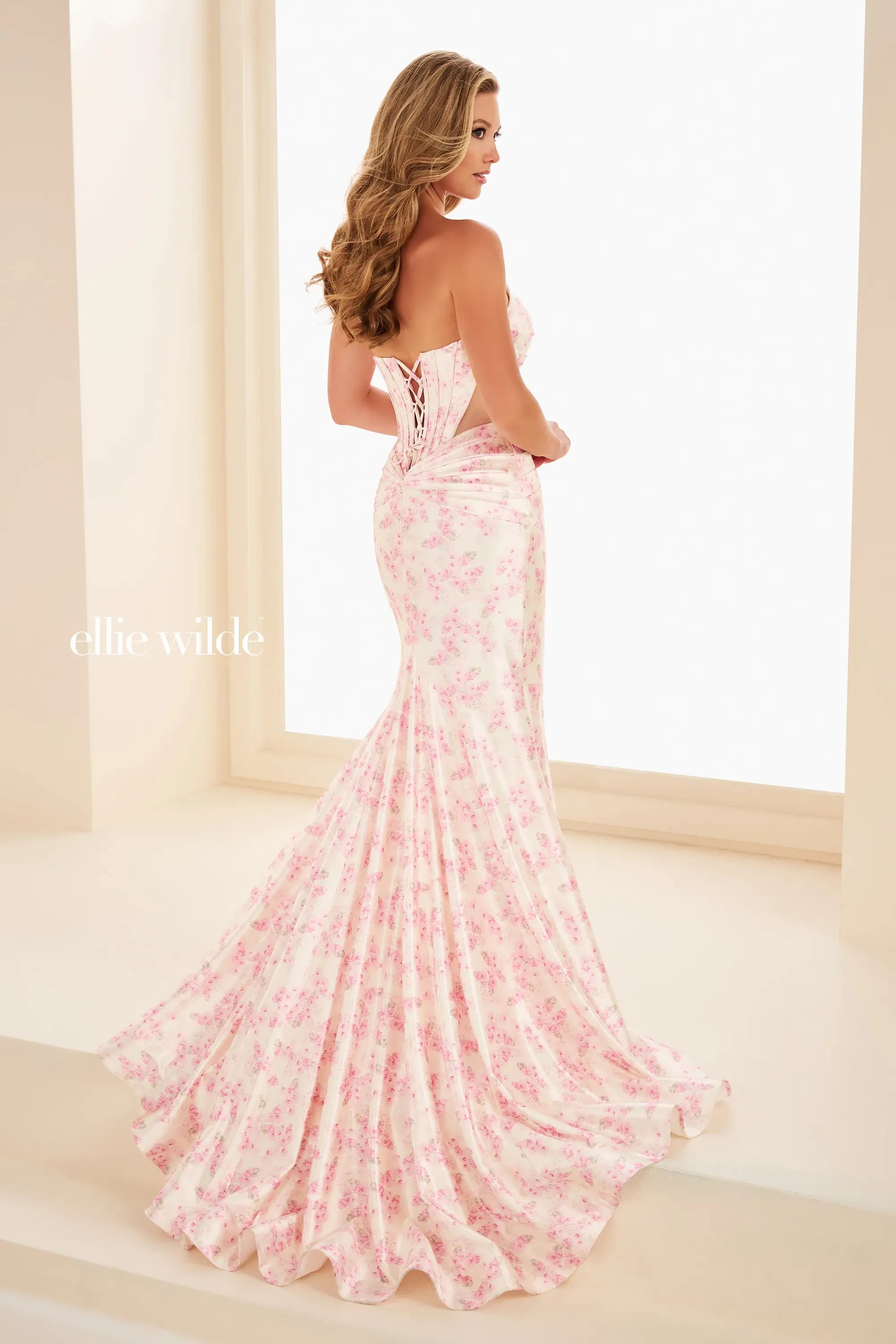 Ellie Wilde 37092 Floral Print Corset Evening Mermaid Long Formal Prom Dress - Strawberry Shortcake / 8 Ellie Wilde 37092 Floral Print Corset Evening Mermaid Long Formal Prom Dress - Strawberry Shortcake / 8