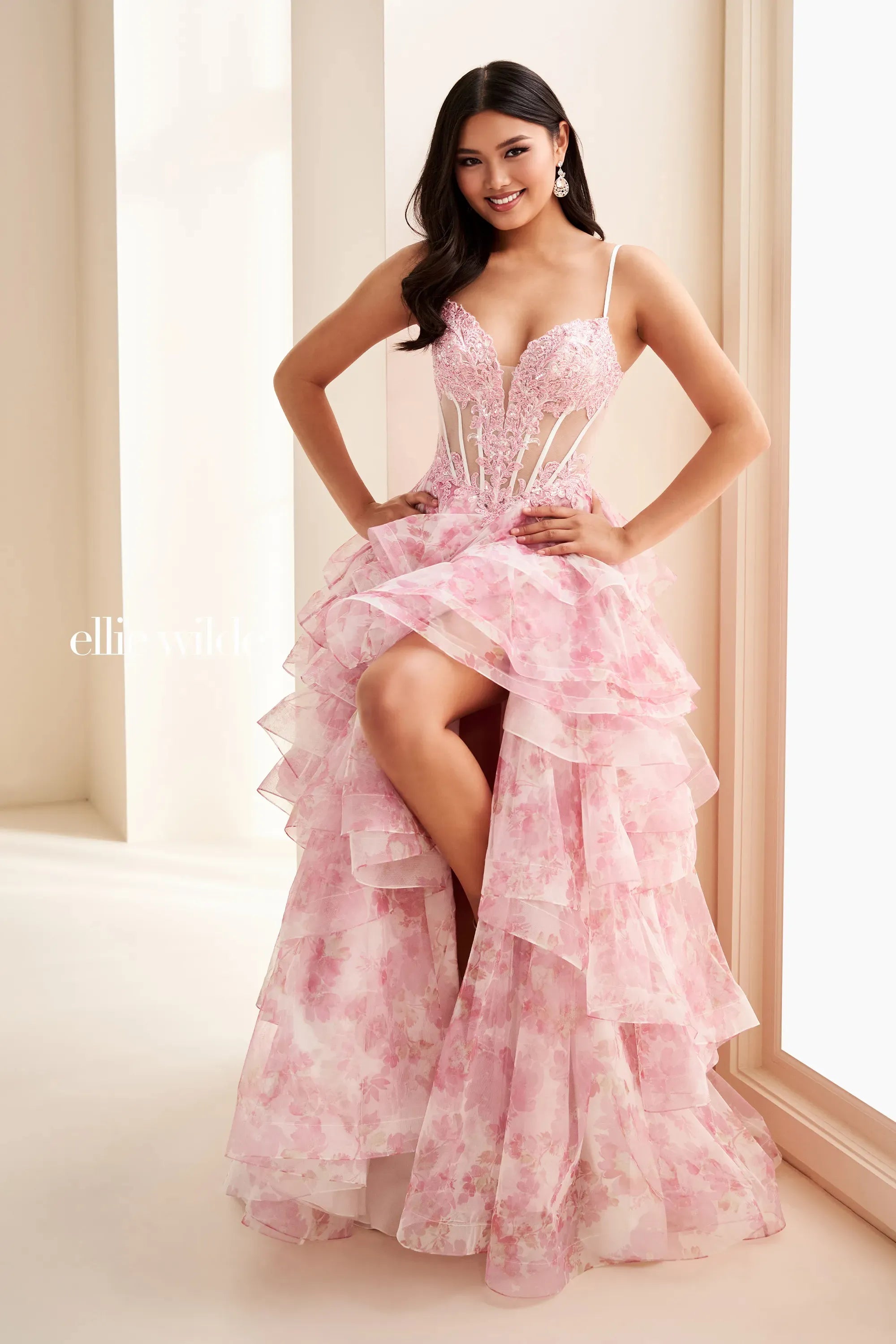 Ellie Wilde 37093 Lace Applique Long Formal Floral Corset Prom