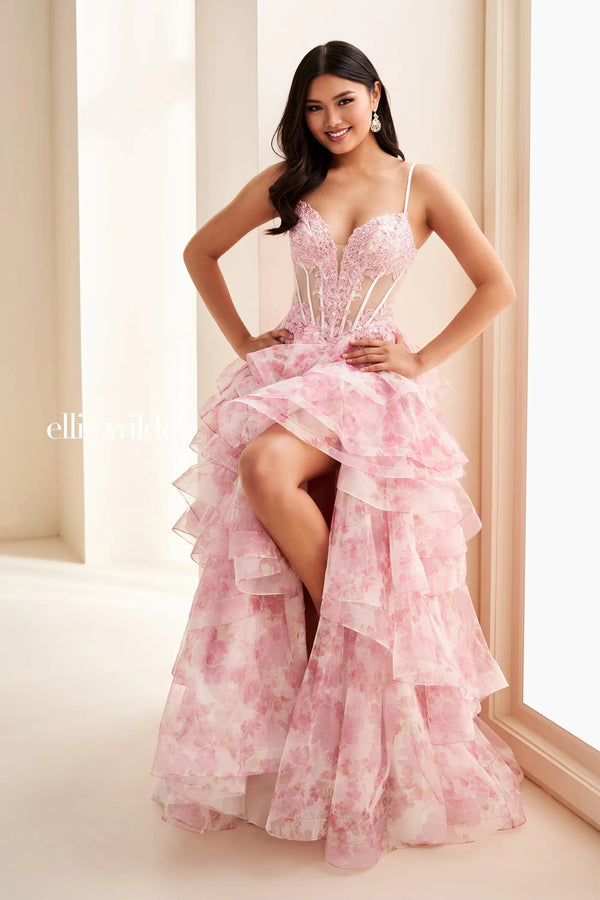 mesh sweetheart floral corset detachable layered maxi dress B. Darlin Floral Printed Mesh Sweetheart Neck Corseted Ruffle Long Dress