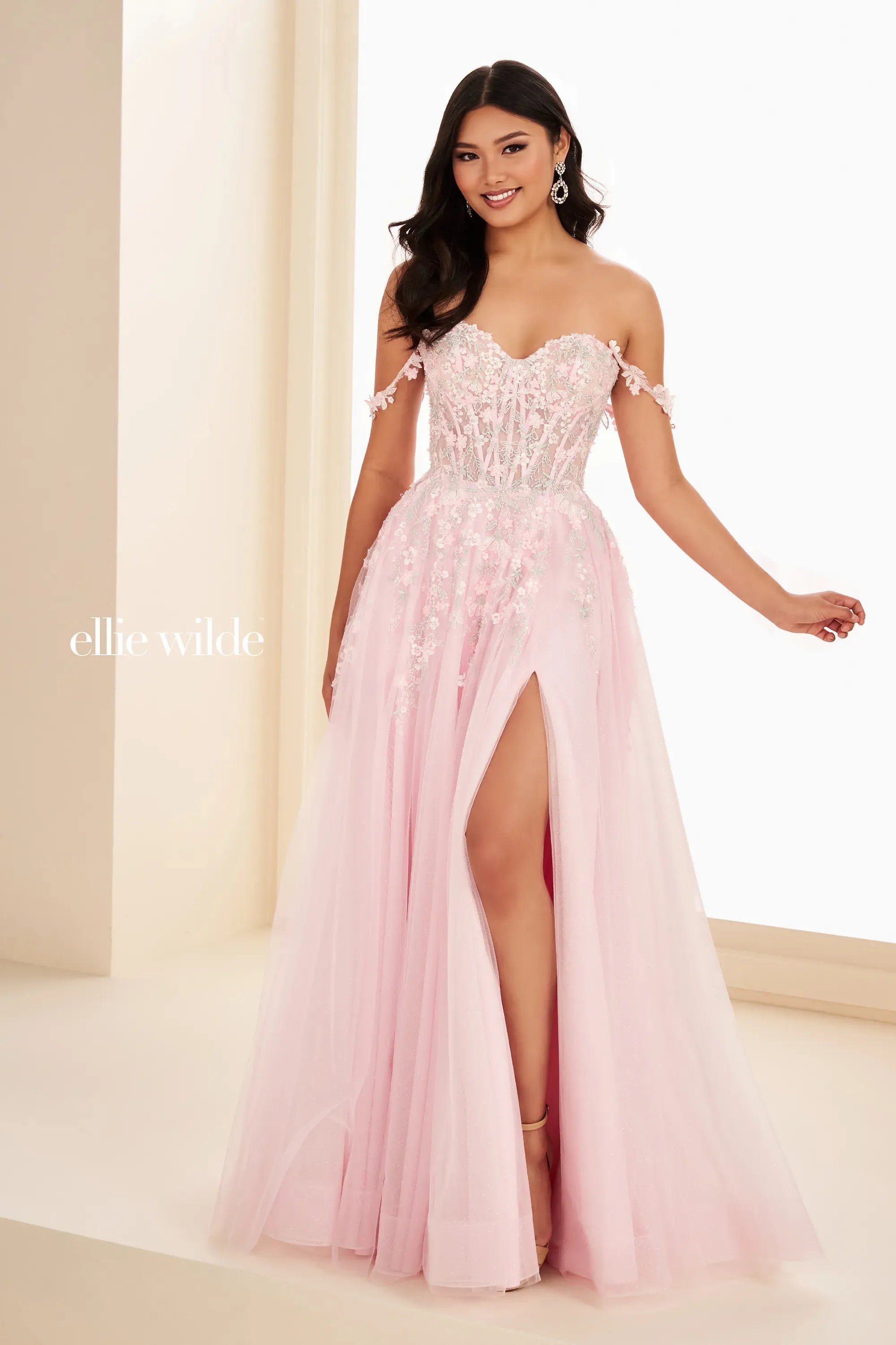 open lace back dress Ellie Wilde A-Line Off Shoulder Prom Dress EW35101