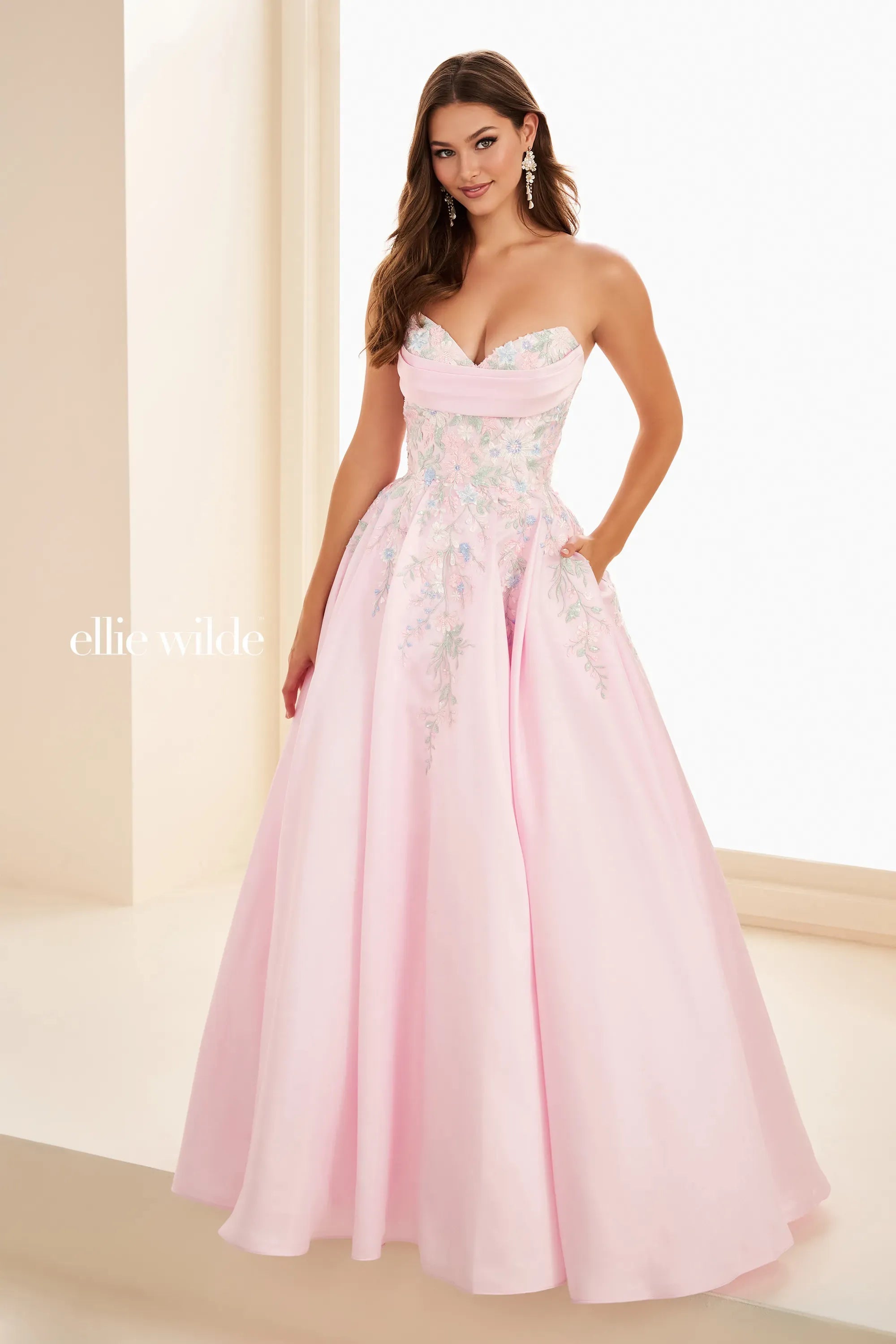 Ellie Wilde 37095 Sequin Beaded Ball Gown Long Formal Prom Dress - Light Pink/Multi / 10 Ellie Wilde 37095 Sequin Beaded Ball Gown Long Formal Prom Dress - Light Pink/Multi / 10