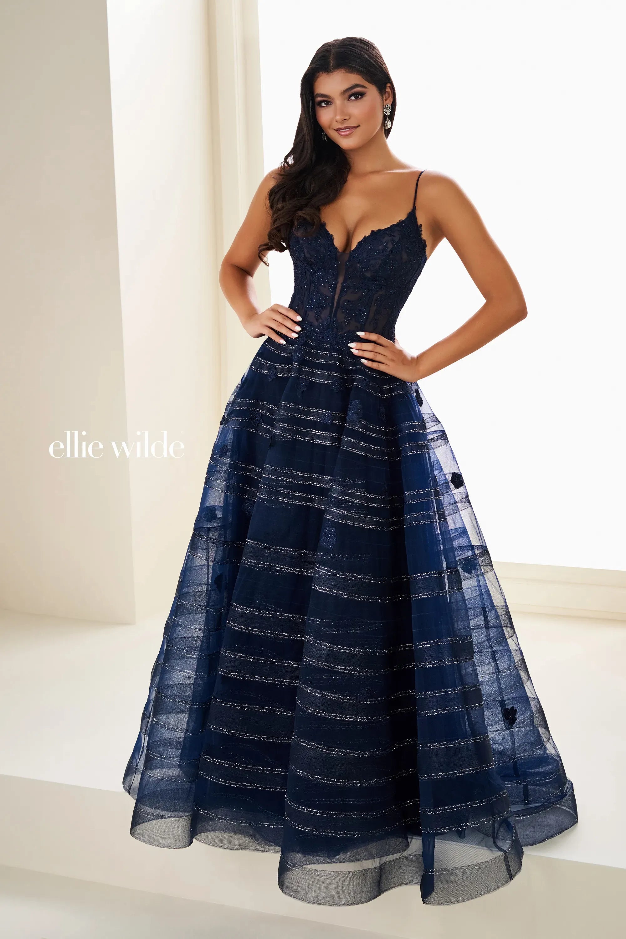 Ellie Wilde 37097 Floral Lace Long Formal Ball Gown Prom Dress - Violet / 14 Ellie Wilde 37097 Floral Lace Long Formal Ball Gown Prom Dress - Violet / 14
