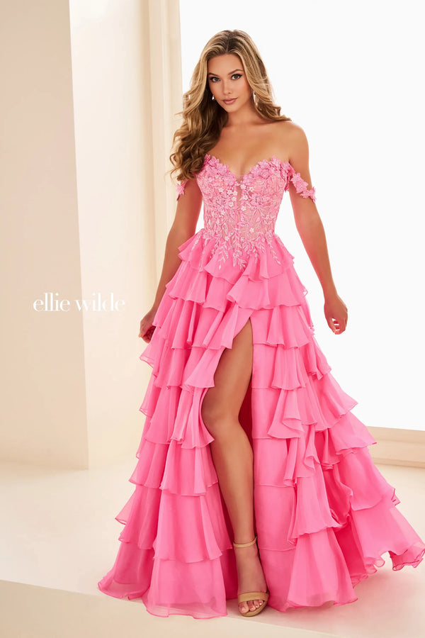 Ellie Wilde 37108 Long Formal Lace Applique Prom Evening Dress