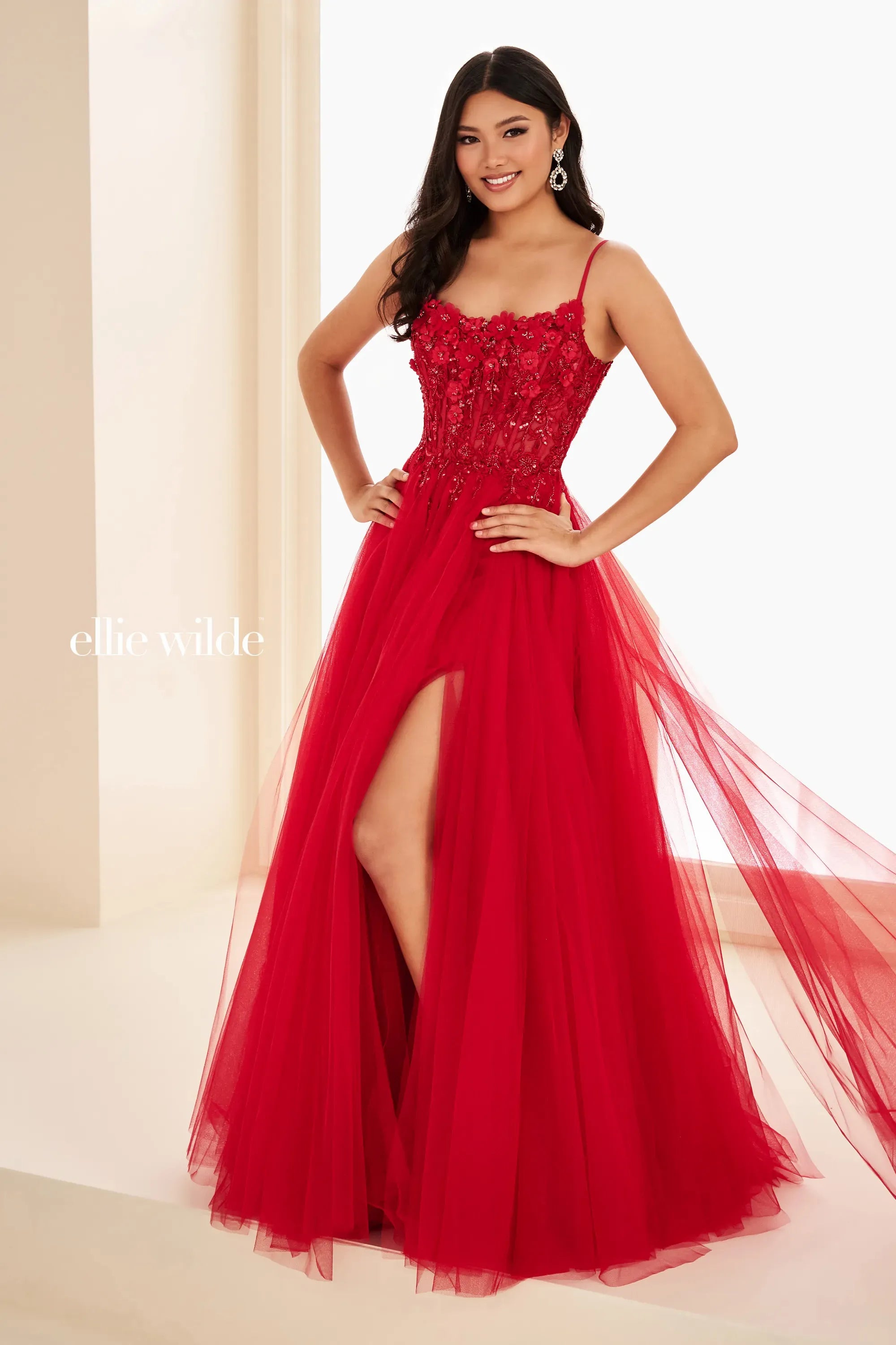 Ellie Wilde 37112 Beaded Long Formal Lace Applique Corset Prom Dress