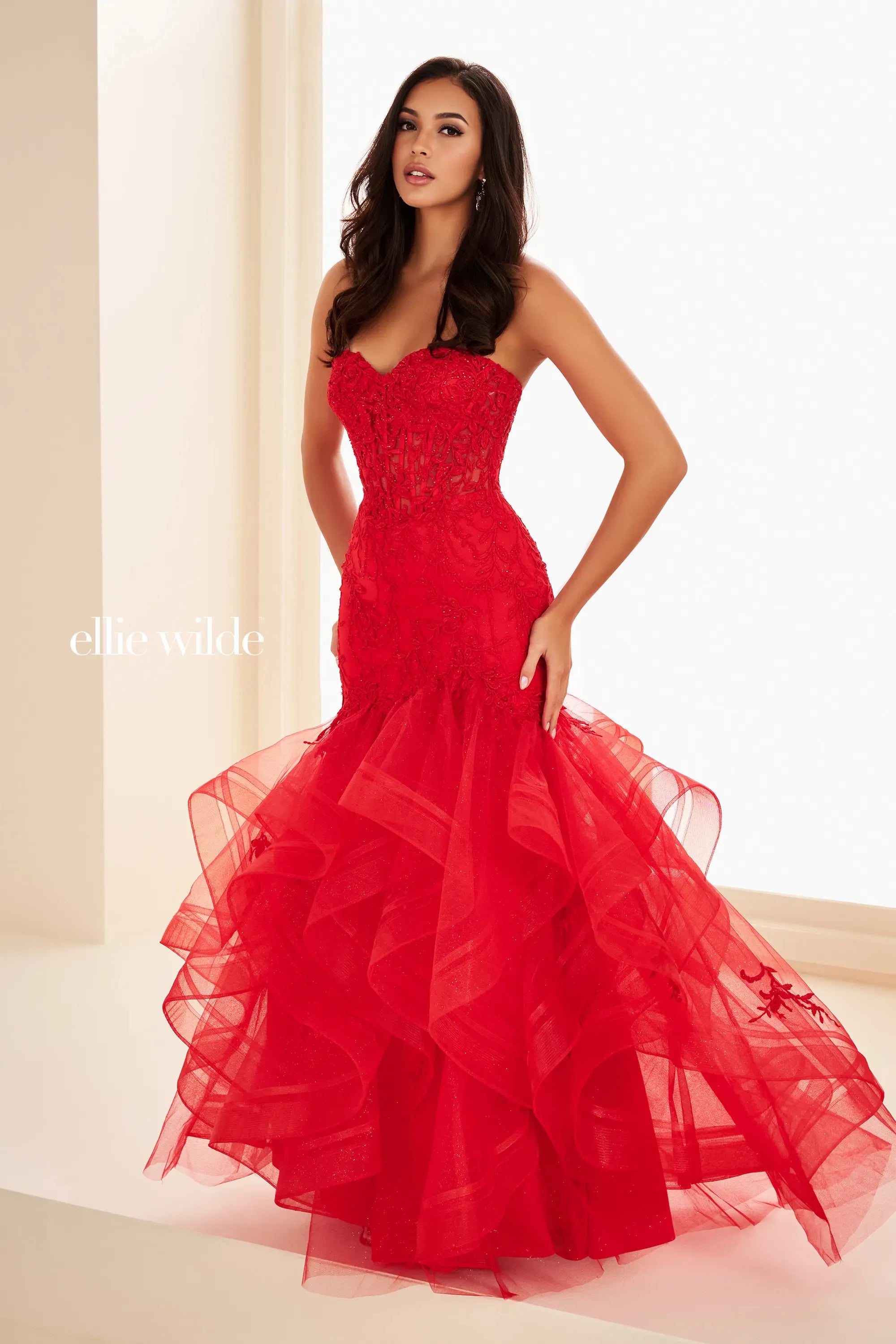 fitted lace wedding dress Ellie Wilde 37113 Glitter Lace Ruffle Long Formal Prom Dress