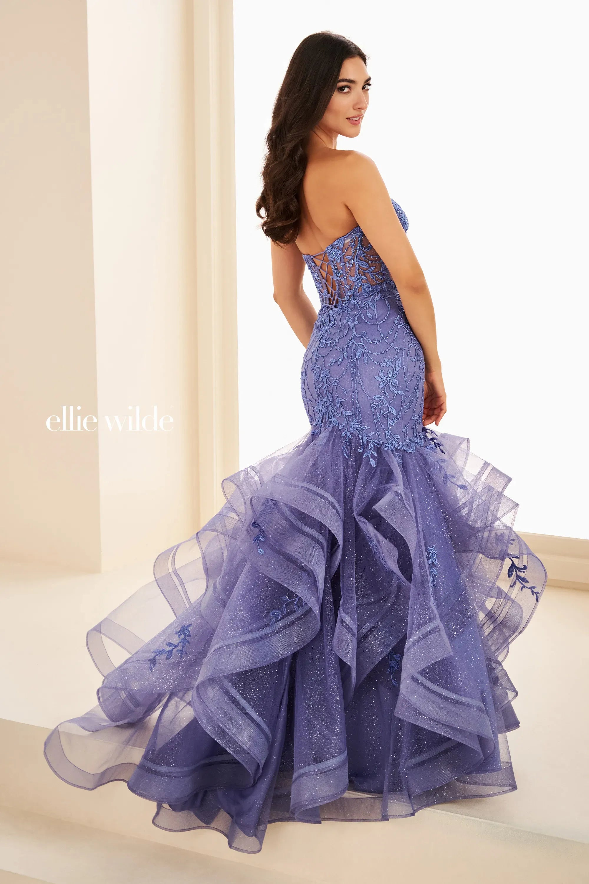 Prom Dresses Glitter Lace Ruffle Long Formal Prom Dress Dusk