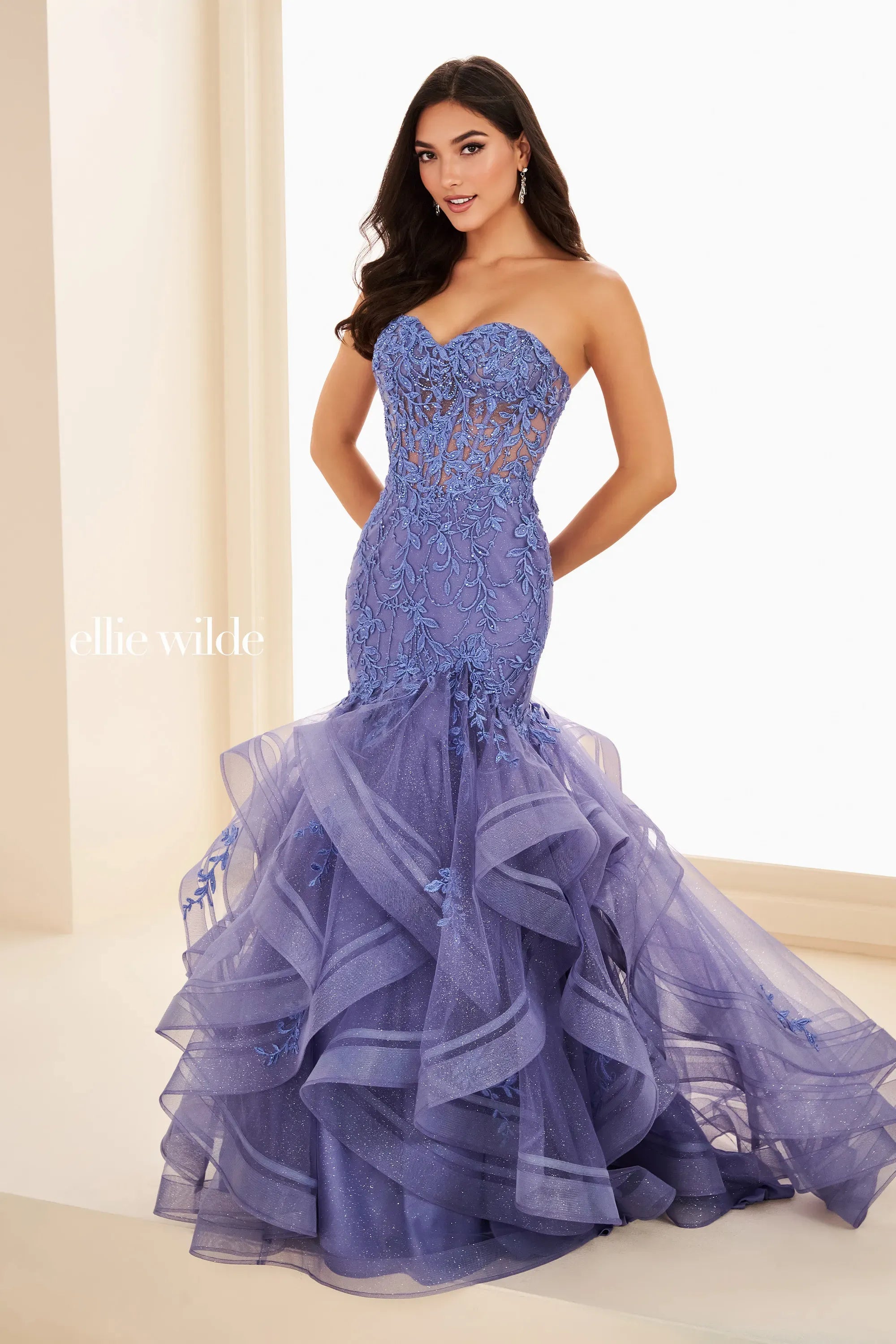 Ellie Wilde 37113 Glitter Lace Ruffle Long Formal Prom Dress