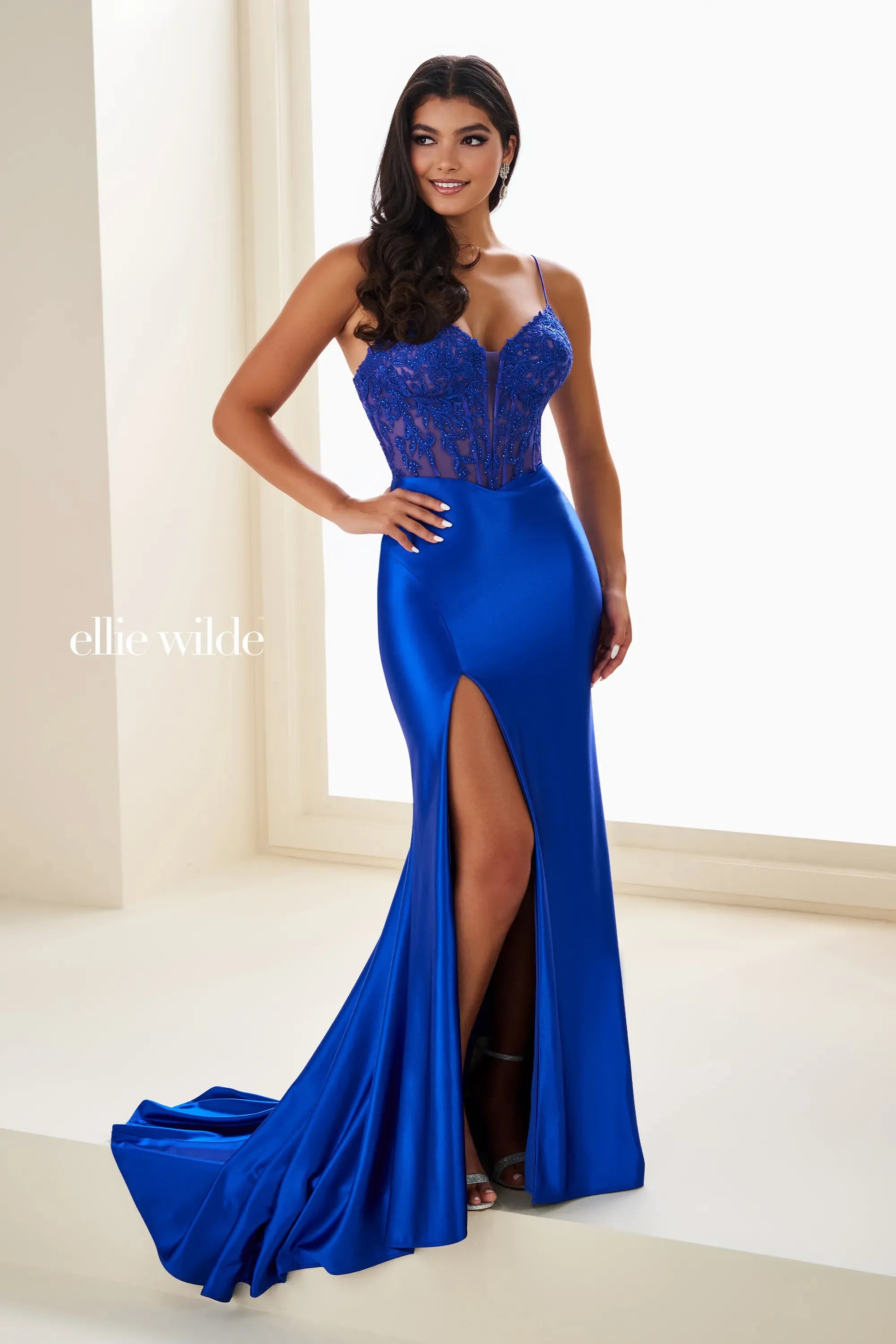 Ellie Wilde 37118 Mermaid Lace Applique Formal Long Prom Dress - Black / 12