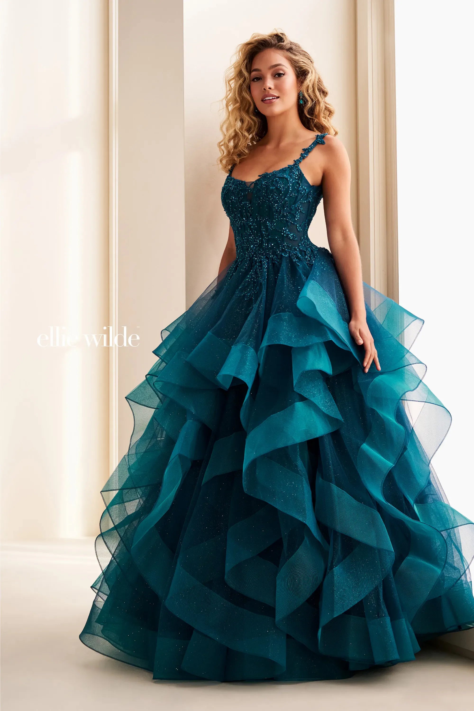 Ellie Wilde 37128 Sequin Glitter Long Formal Ruffle Ball Gown Prom Dress - Teal / 0 Ellie Wilde 37128 Sequin Glitter Long Formal Ruffle Ball Gown Prom Dress - Teal / 0