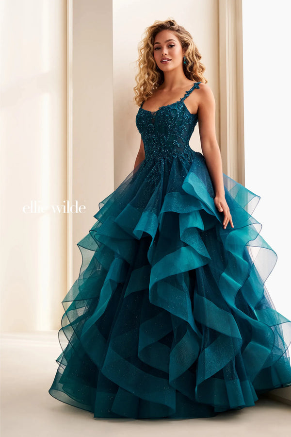 Ellie Wilde 37128 Sequin Glitter Long Formal Ruffle Ball Gown Prom Dress