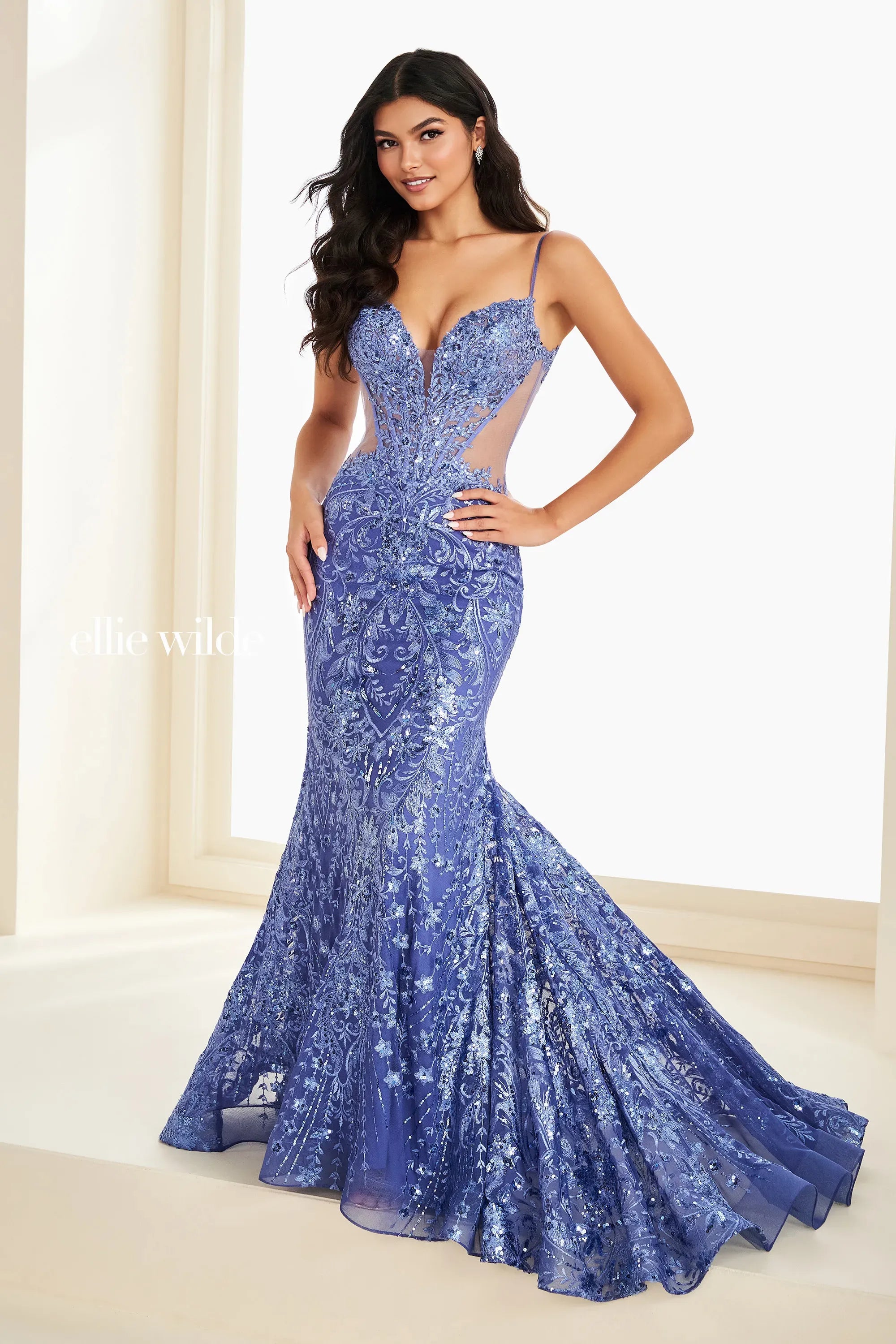 Ellie Wilde 37204 Glitter Beaded Mermaid Long Formal Prom Dress - Plum / 16 Ellie Wilde 37204 Glitter Beaded Mermaid Long Formal Prom Dress - Plum / 16
