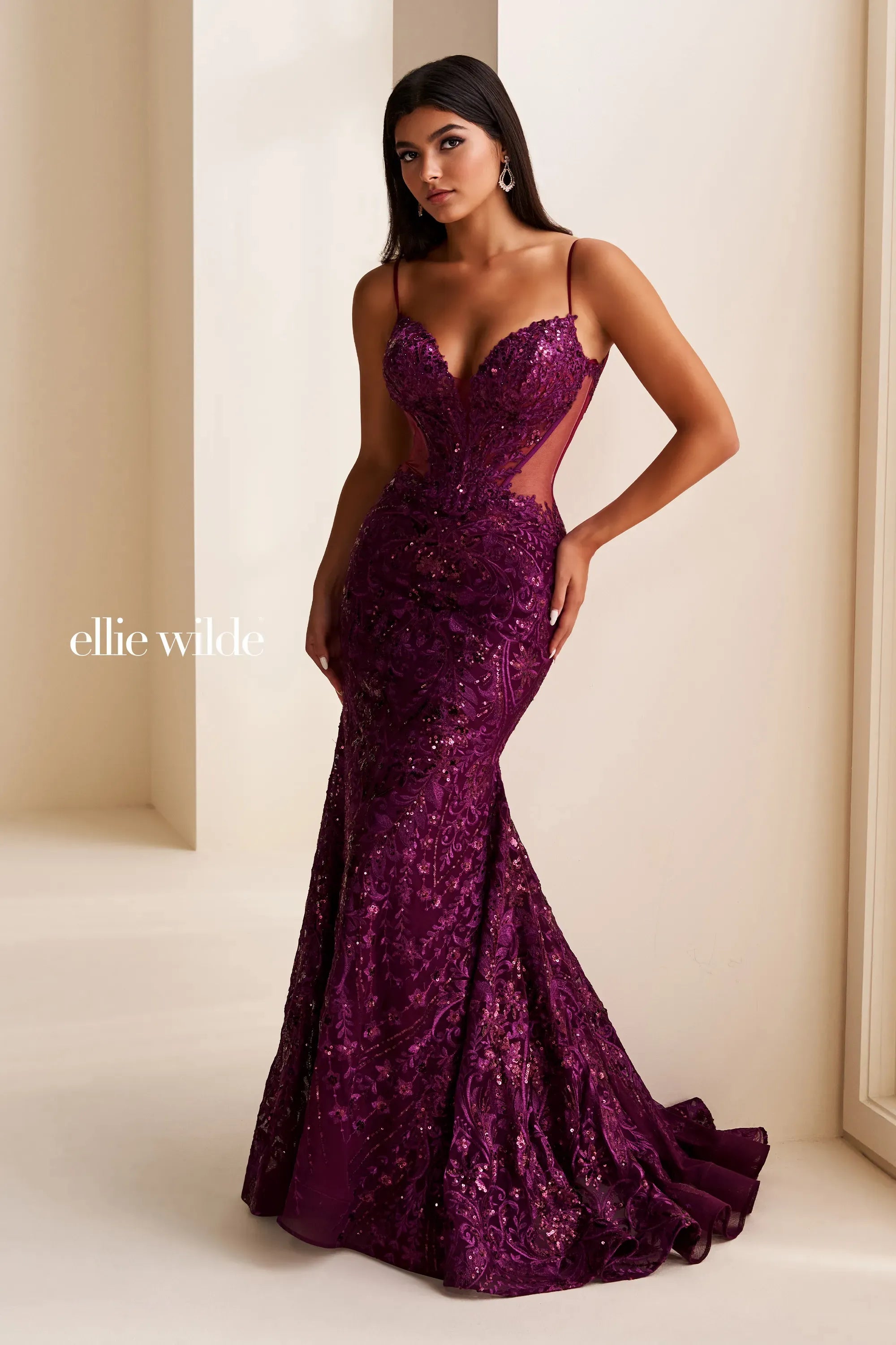 Ellie Wilde 37204 Glitter Beaded Mermaid Long Formal Prom Dress – The Dress  Outlet