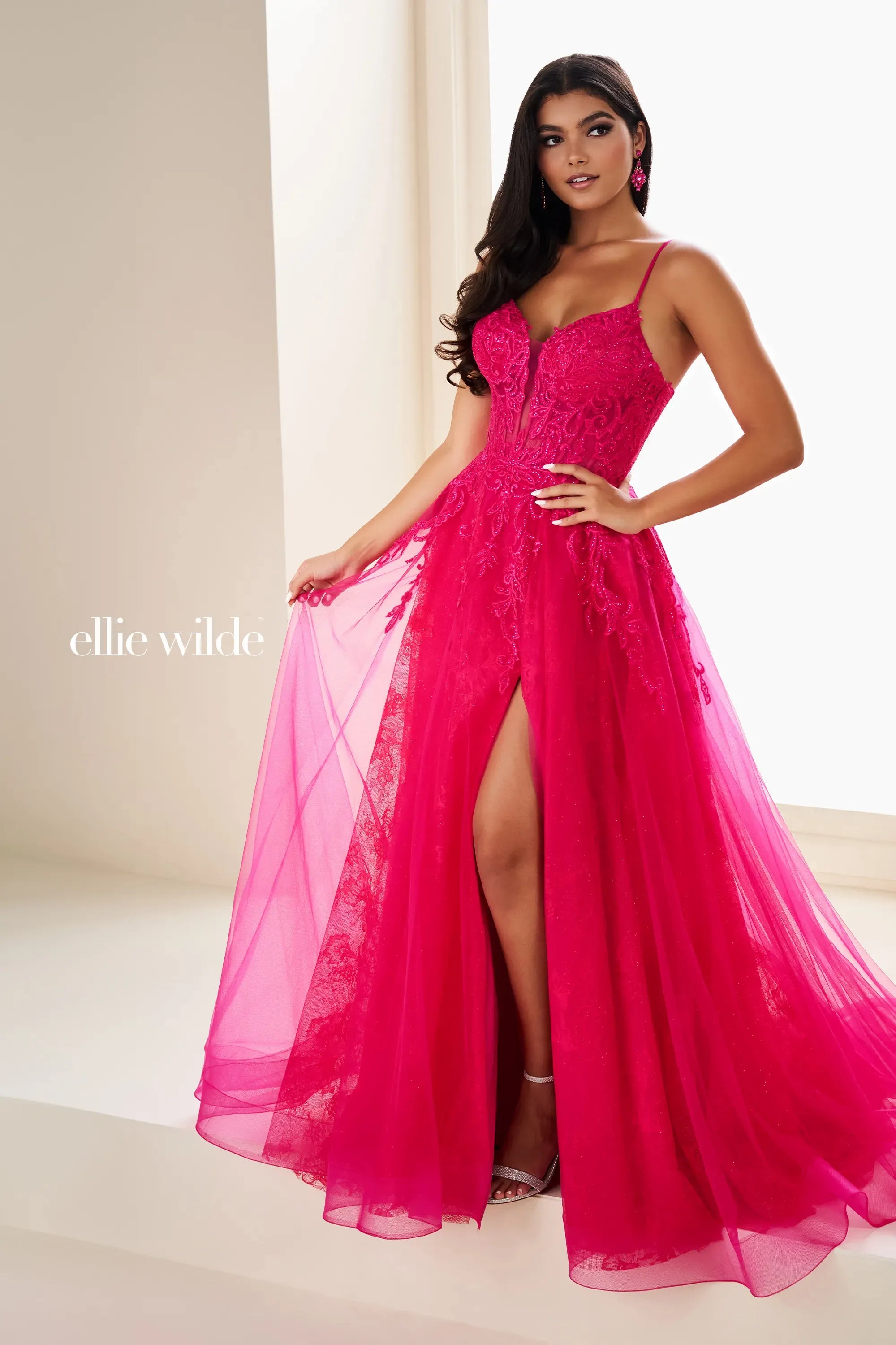Prom Dresses Glitter Fitted Lace Applique Long Formal A Line Prom Dress Magenta
