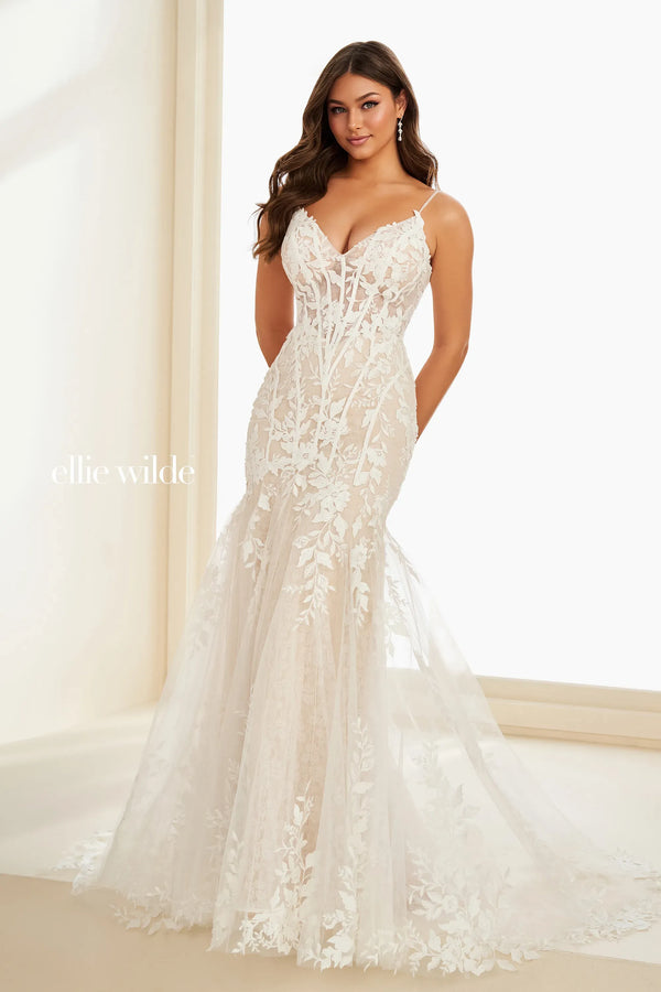 Ellie Wilde 37216 Beaded Long Formal Lace Mermaid Prom Dress