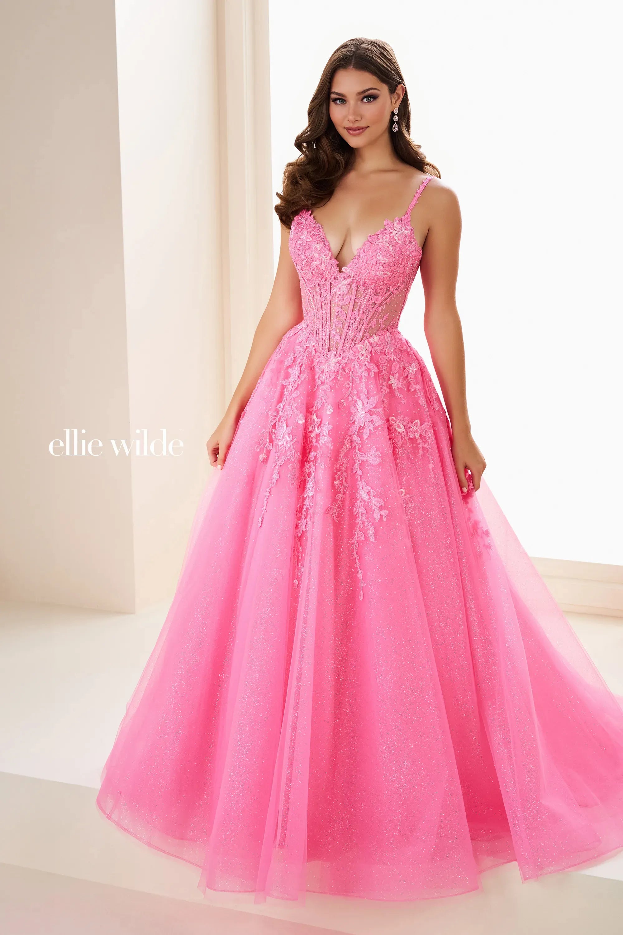 Ellie Wilde 37218 Long Formal 3D Floral Ball Gown Glitter Prom Dress
