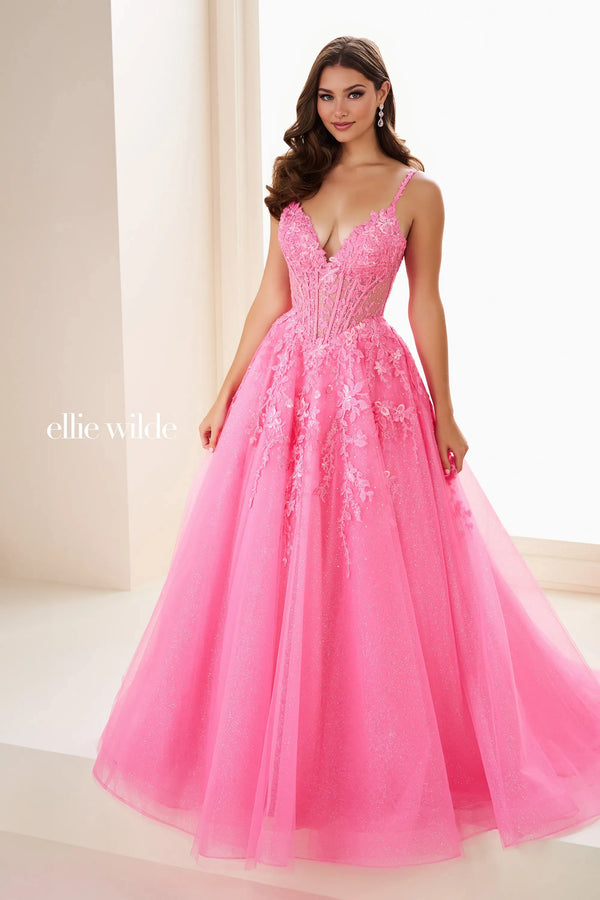 Ellie Wilde 37218 Long Formal 3D Floral Ball Gown Glitter Prom Dress