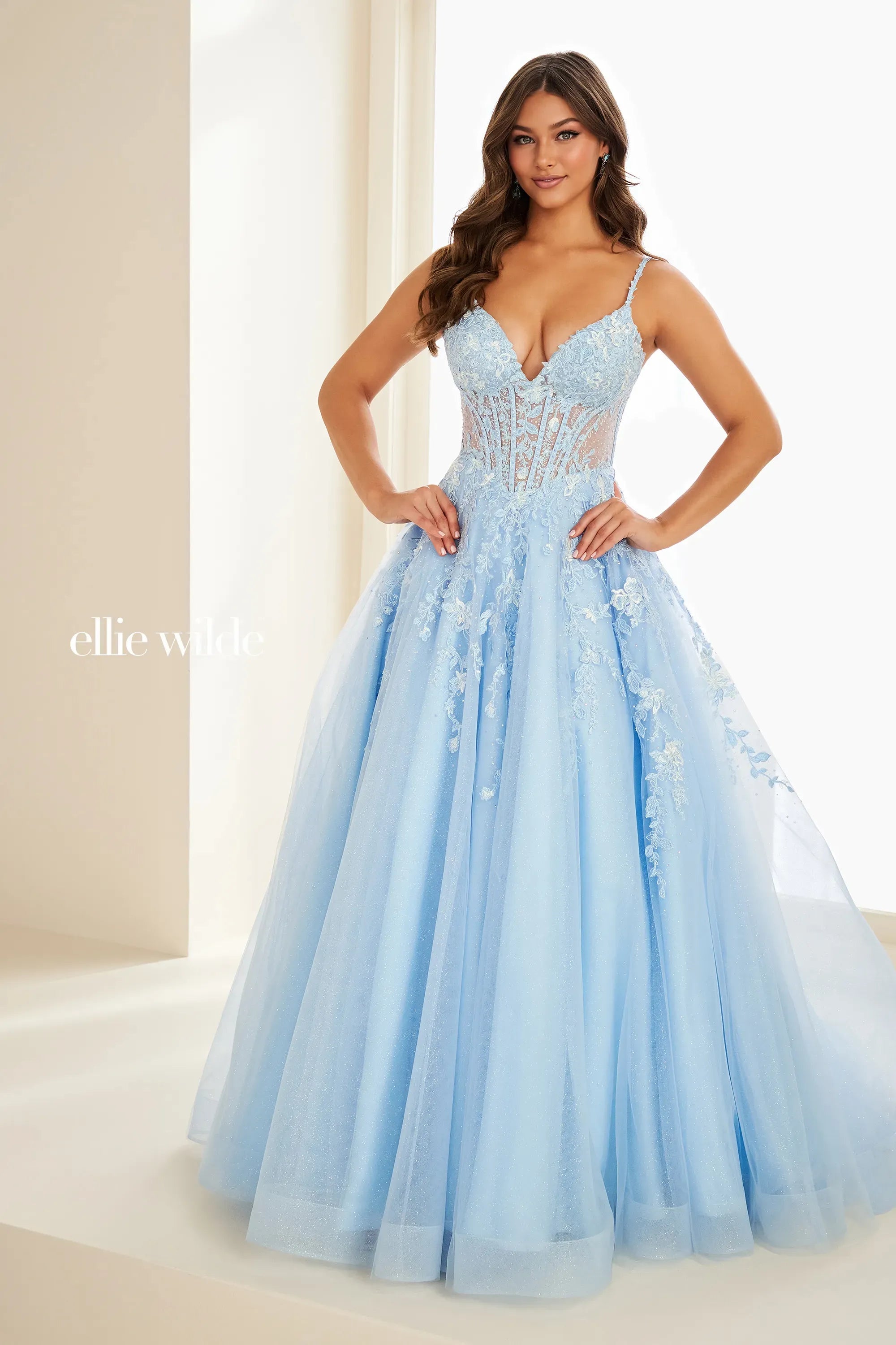Prom Dresses Long Formal 3D Floral Ball Gown Glitter Prom Dress Light Blue
