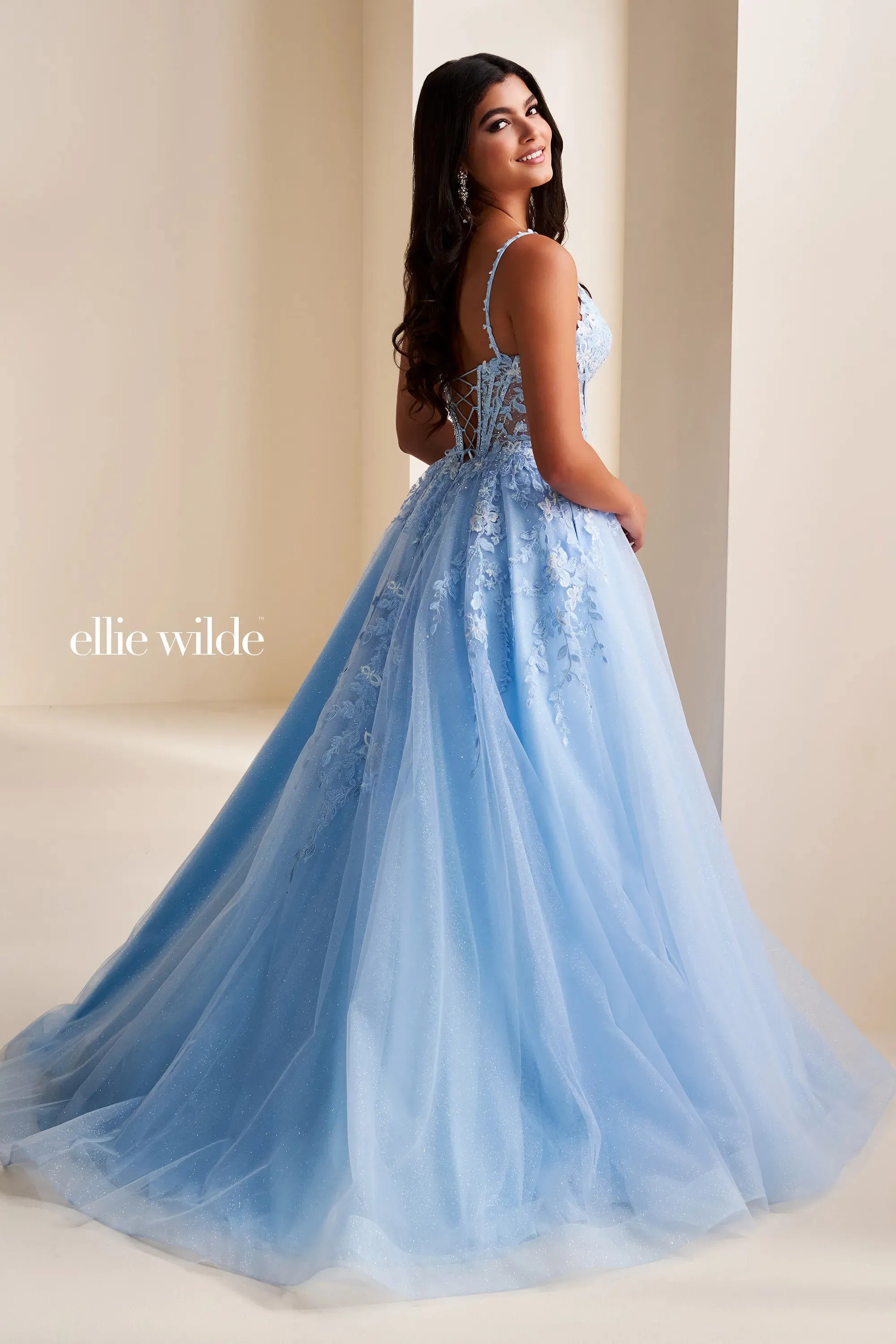 Ellie Wilde Light Blue Glitter Prom Dress Ellie Wilde Sequin Prom Dress  With Side Tie PromGirl