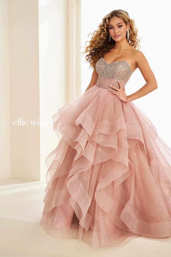 Ellie Wilde 37221 Floral Long Formal Ball Gown Glitter Prom Dress