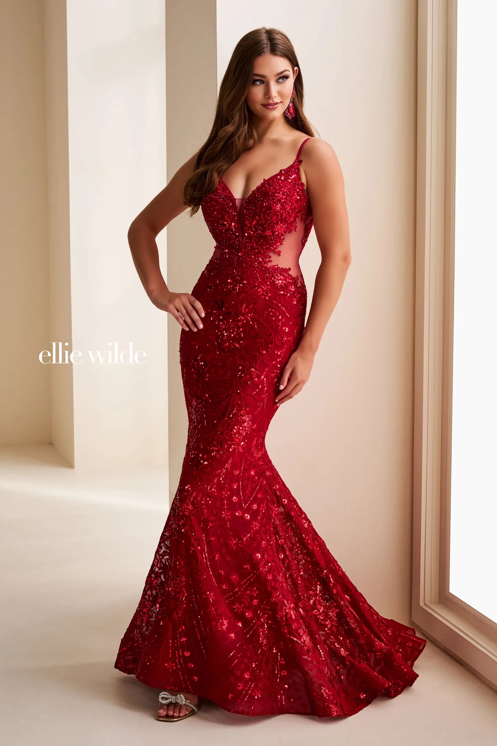 Ellie Wilde 37227 Mermaid Corset Sequin Beaded Long Formal Evening Prom Dress