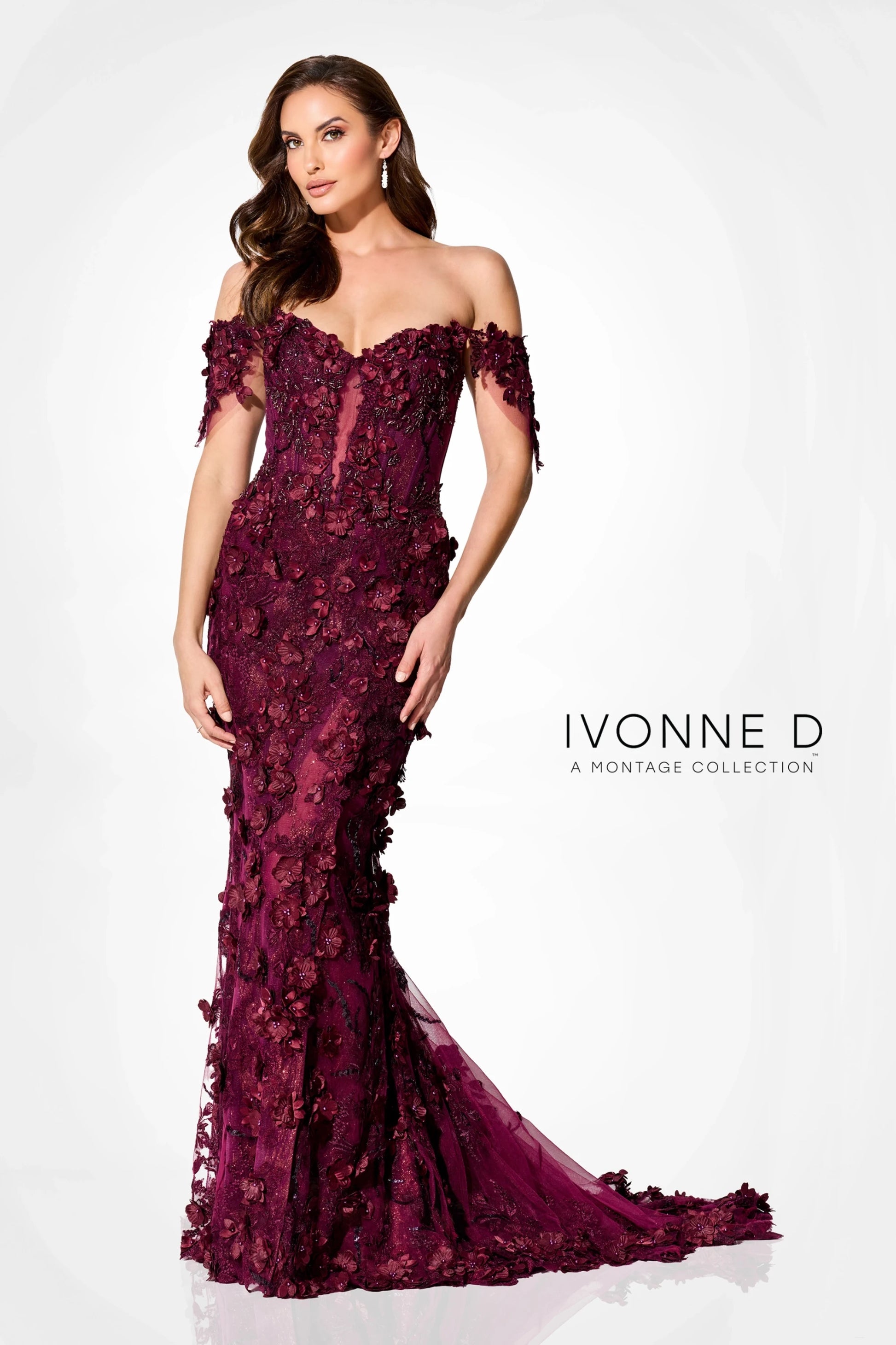 Ivonne D ID915 Long Formal 3D Floral Appliqued Evening Gown