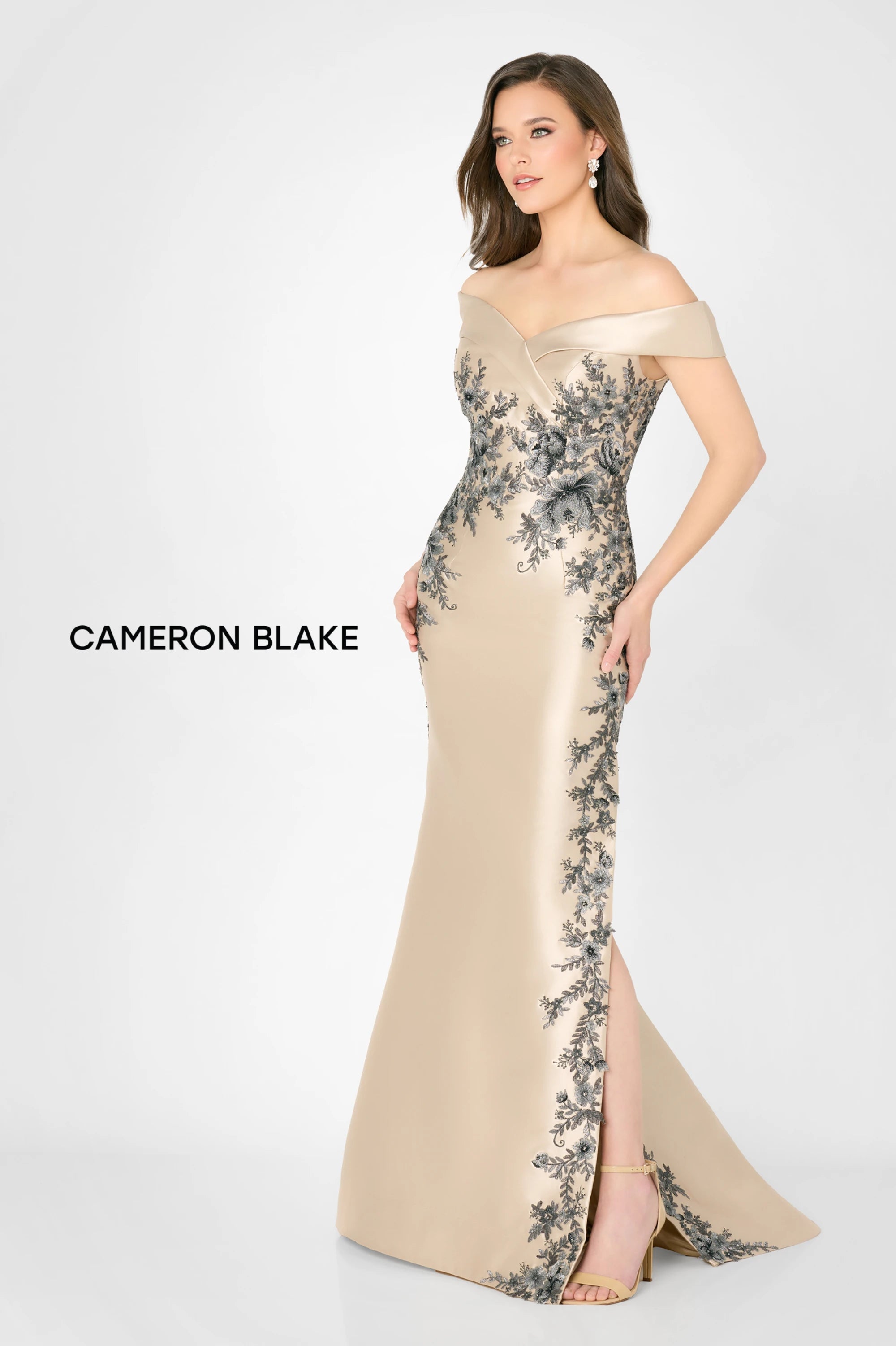 Cameron Blake CB777 Floral Long Lace Applique Evening Formal Dress - Black / 8 Cameron Blake CB777 Floral Long Lace Applique Evening Formal Dress - Black / 8