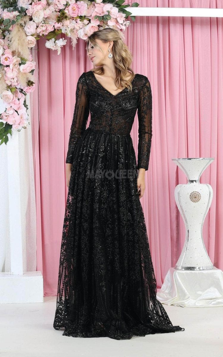 V-Neck Floor-Length Lace Evening Gown A-Line May Queen RQ7920