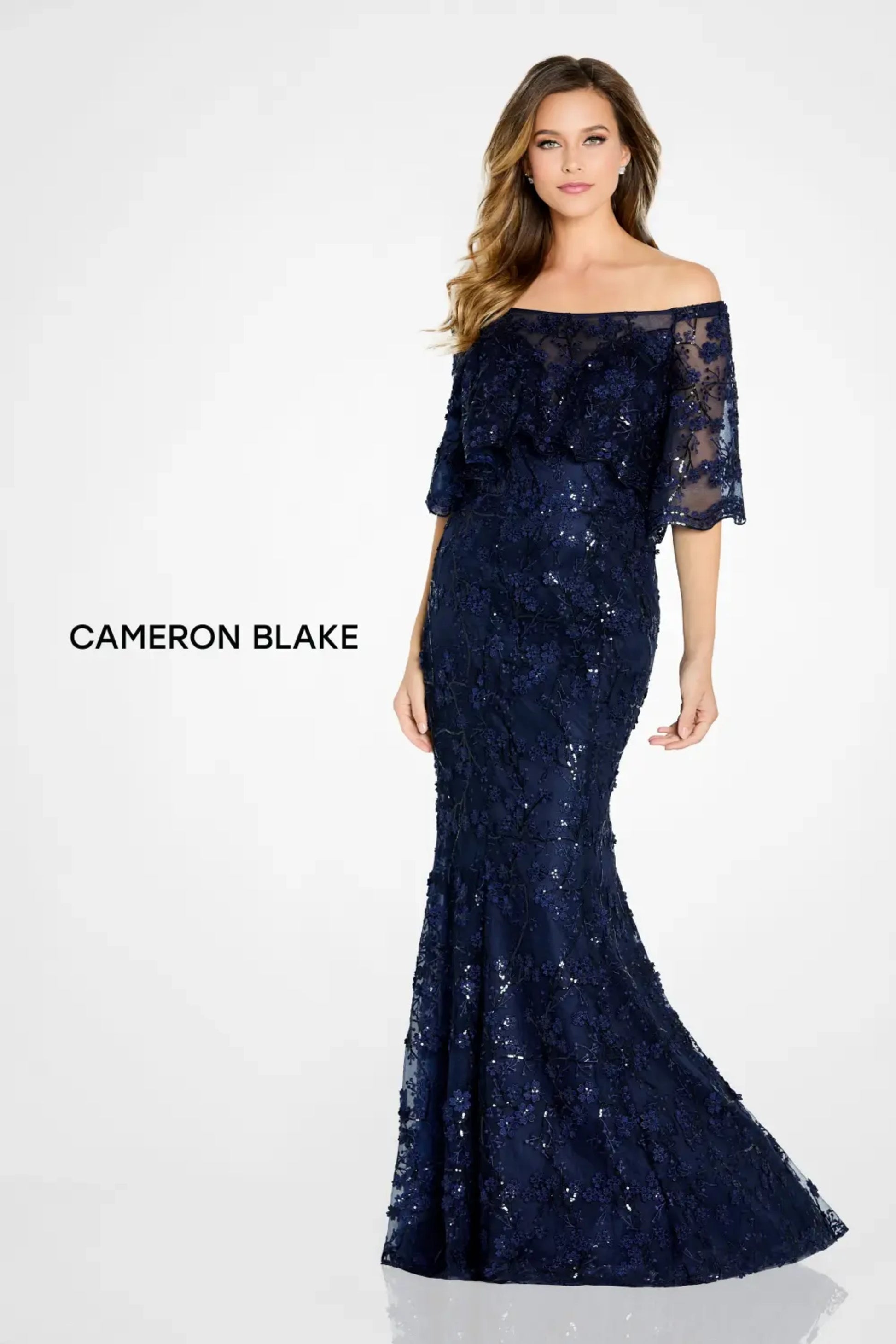 Cameron Blake CB135 Floral Long Lace Formal Evening Sequin Dress