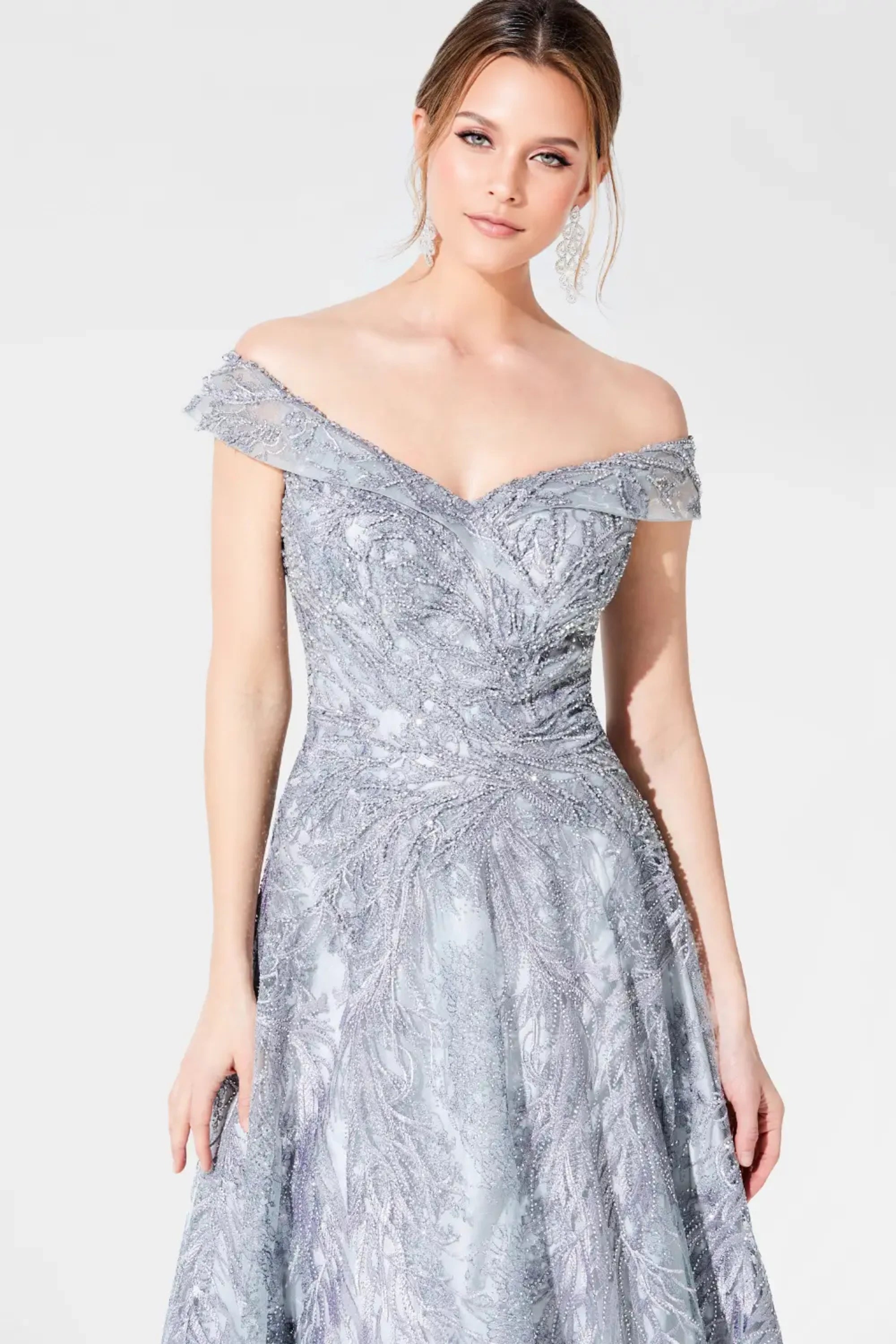 Formal Dresses Beaded A Line Long Evening Formal Dress Silver Gray