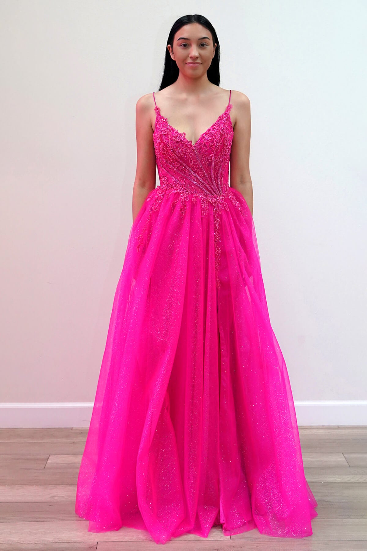 V-Neck Floor-Length Tulle Gown with Sheer Corset Detailing – Formal Go –  The Dress Outlet