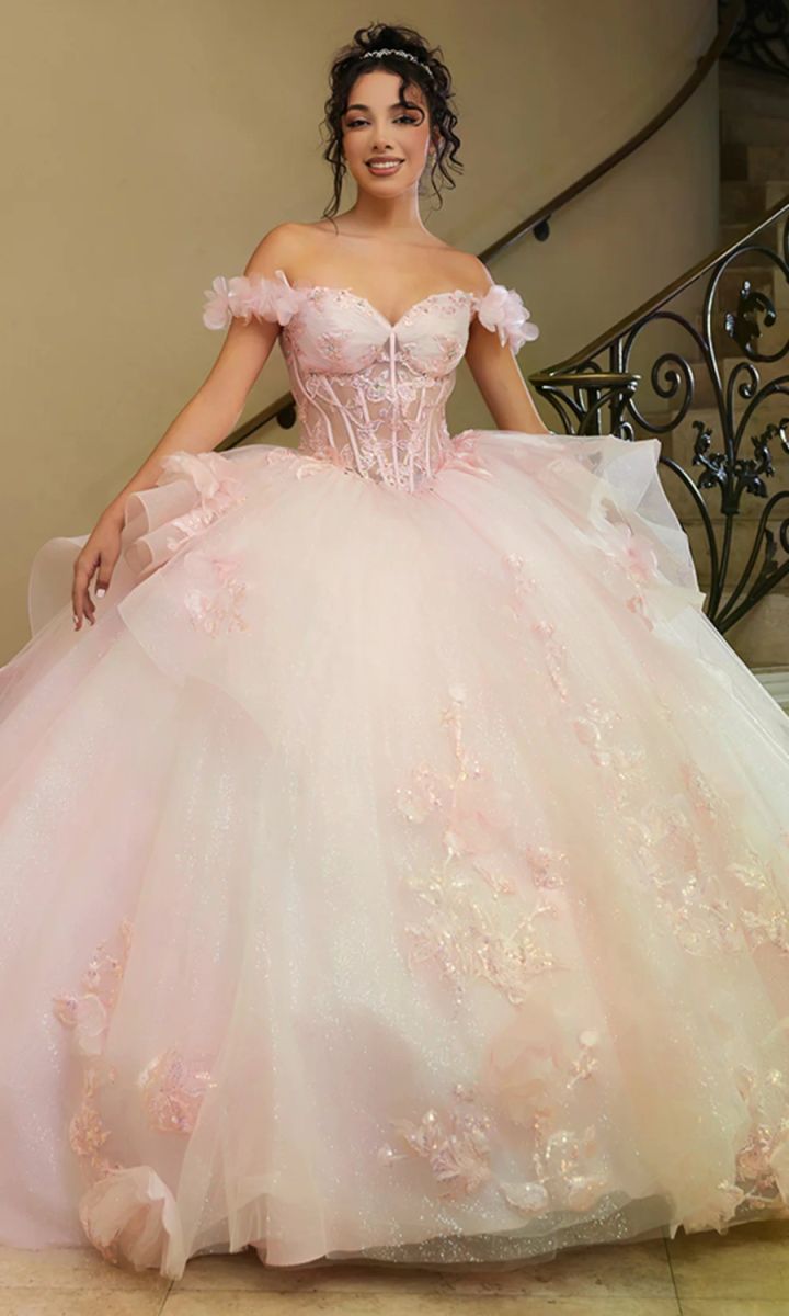Off-the-Shoulder Floor-Length with Train Tulle Quinceañera Ball Gown May Queen LK270