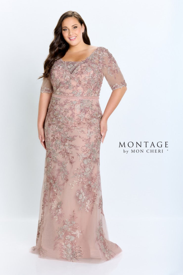 Montage 221961 Long Beaded Belt Lace Formal Evening Dress