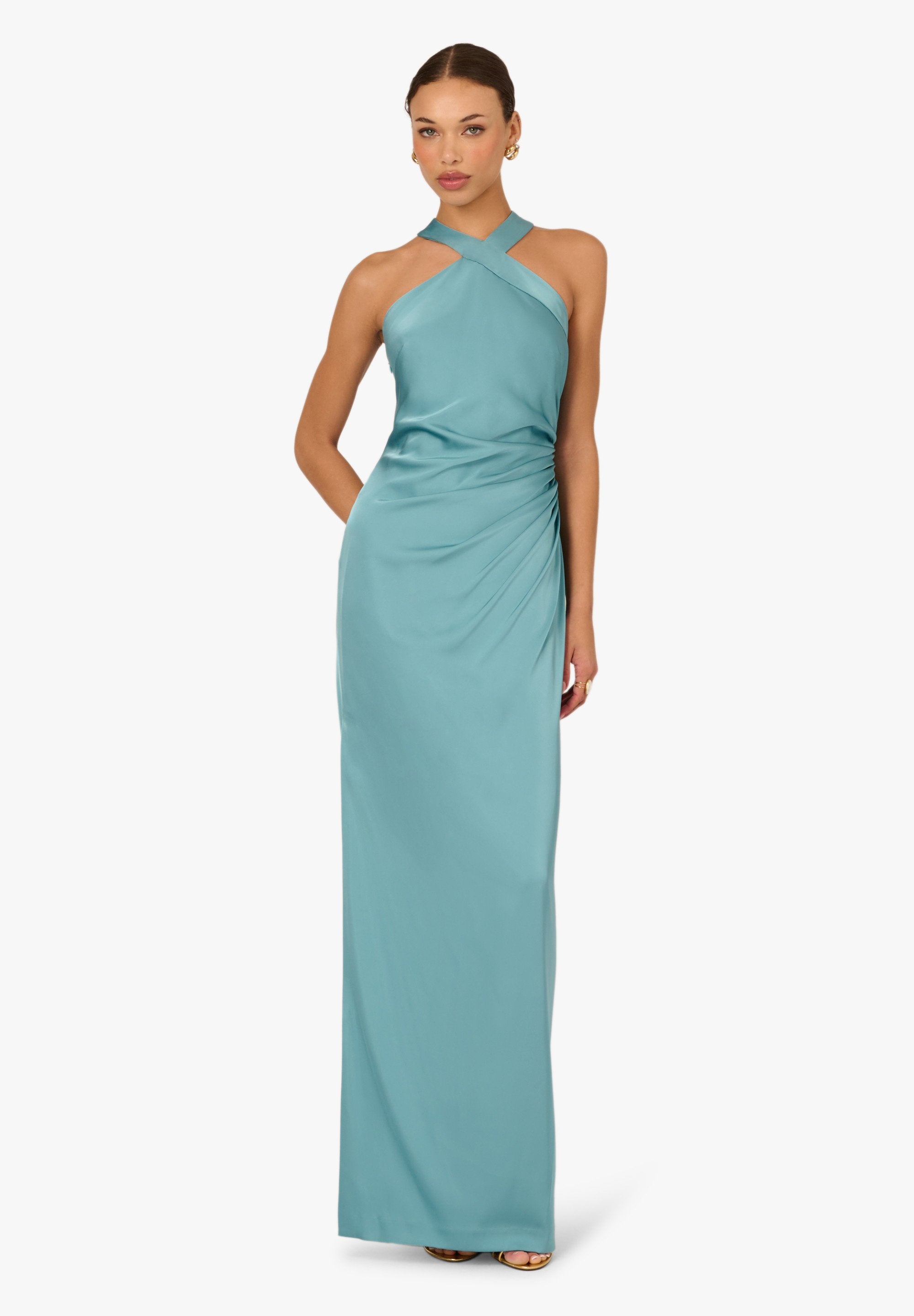 Blue Heaven Adrianna Papell ADAE213052 Halter Floor-Length Satin Formal Dress Slit